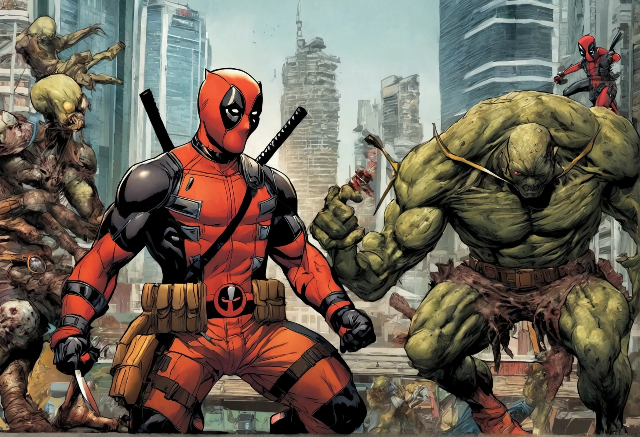 Deadpool and Wolverine stand back to back in fighting stance, they are surrounded by (alien mutant ninja zombie cyborgs), downtown Bangkok (Extremely complex)
