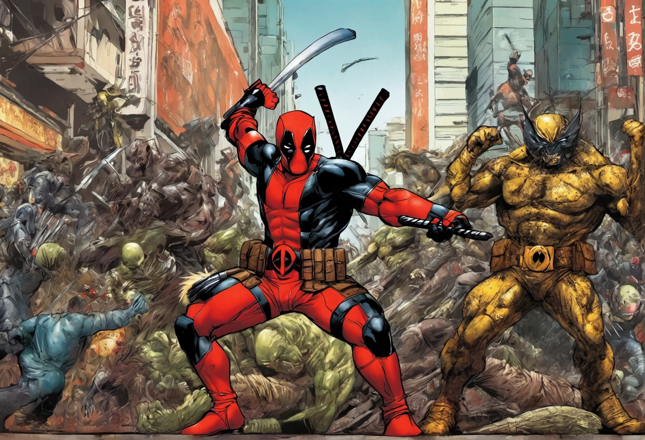 Deadpool and Wolverine stand back to back in fighting stance, they are surrounded by (alien mutant ninja zombie cyborgs), downtown Bangkok (Extremely complex)