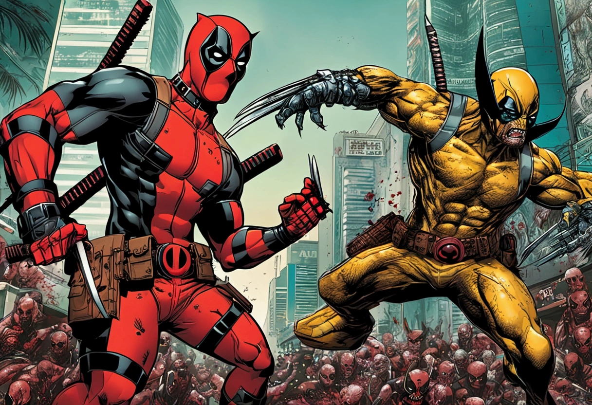 Deadpool and Wolverine stand back to back in fighting stance, they are surrounded by (alien mutant ninja zombie cyborgs), downtown Bangkok (Extremely complex)
