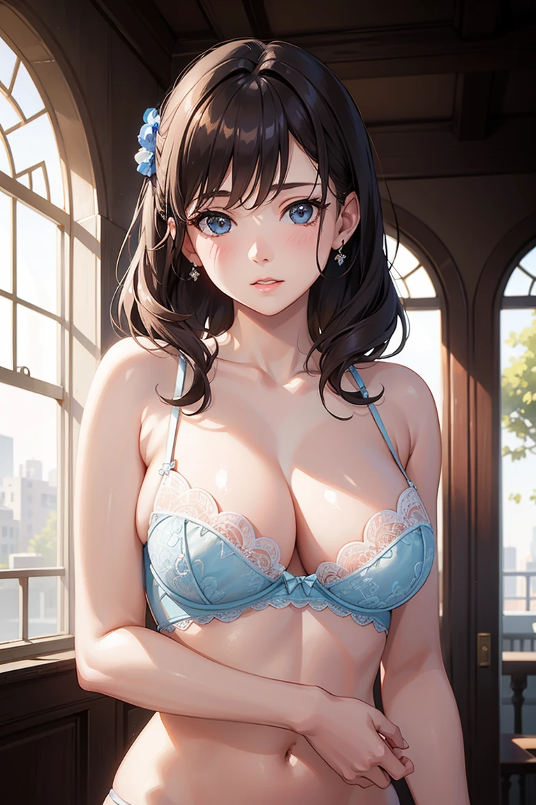 One Girl, Natural light, masterpiece, Very detailed, shape, Game CG, Absurd, high quality, Beautiful attention to detail, Glossy Lips, Natural light, Mid-chest, Claudia Walents, Light blue lace bra, Looking back at the audience, blush