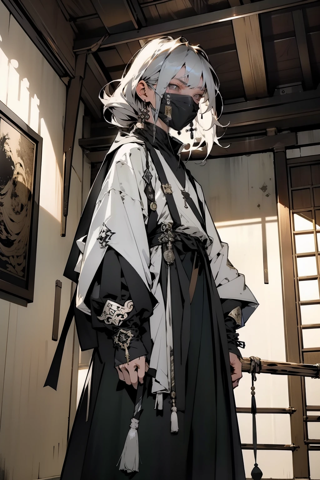 (Tabletop: 1.3), (Maximum resolution: 1.2), (Ultra HD TV: 1.2), Cinema Lighting, 8k resolution, detailed eyes and skin, Exquisitely designed facial features, (Sharp focus: 1.2), (Focus on the face: 1.2), Perfect Style, A grey-white mask with a thin jaw、Short and stooping、Grass green hood with iron ring and star pattern、An ochre vest with silver stripes hanging from both shoulders、A drawstring bag tied with prayer beads、Eastern、pagan、A disciplined atmosphere、A cane taller than you、raise、A tough wheel with a sword point on a stick.、A person of this appearance、Please draw a。