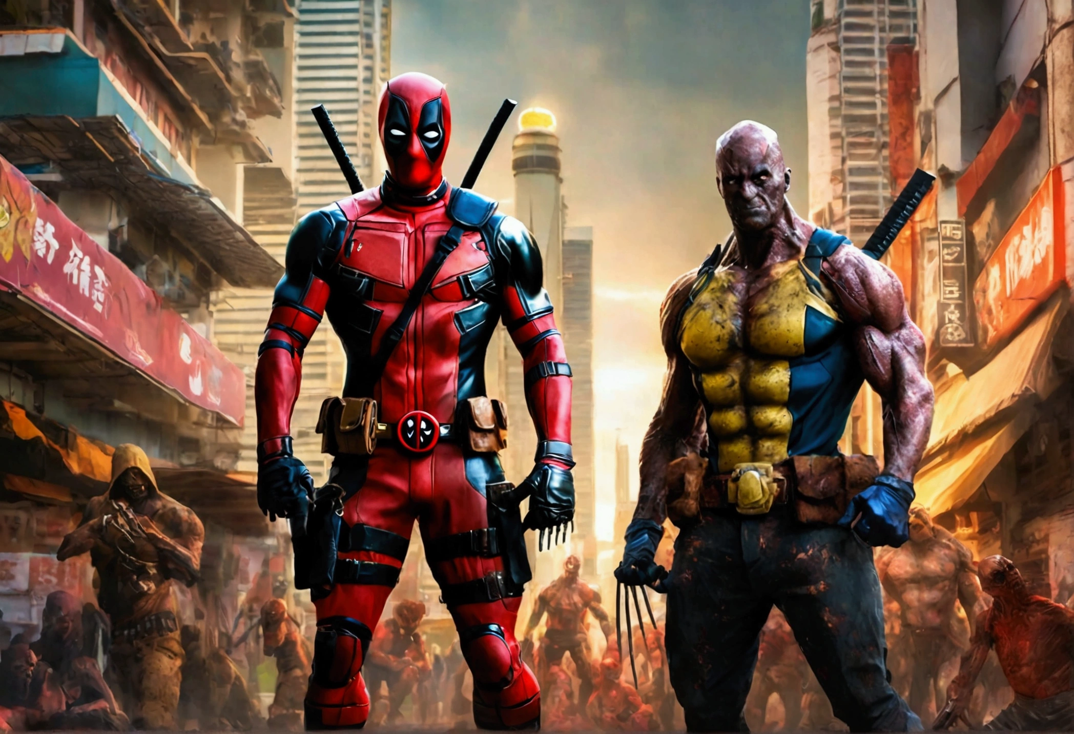 Deadpool and Wolverine stand back to back in fighting stance, they are surrounded by (alien mutant ninja zombie cyborgs), downtown Bangkok (Extremely complex)