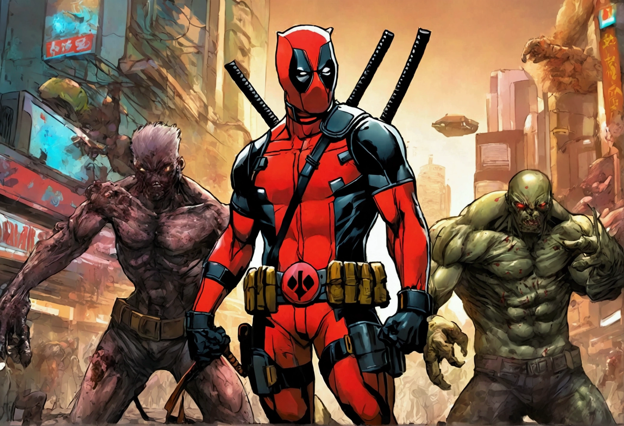 Deadpool and Wolverine stand back to back in fighting stance, they are surrounded by (alien mutant ninja zombie cyborgs), downtown Bangkok (Extremely complex)