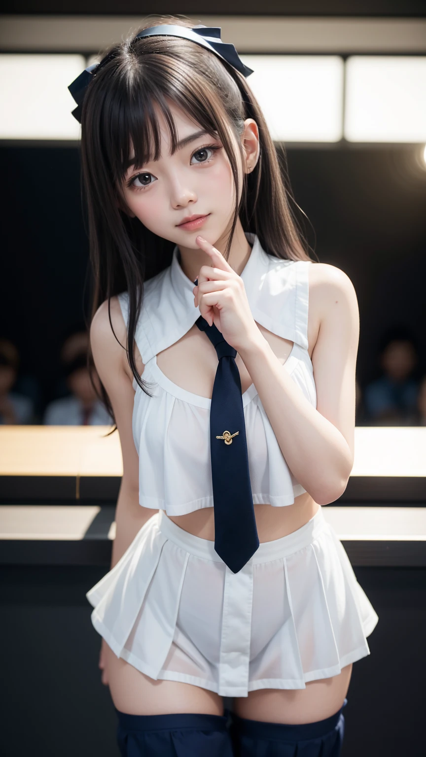 cuteセーラー服、Idol Smile、One beautiful woman、Baby Face、Detailed eyes and face、Beautiful Hands、Thin legs、(Highest quality:1.2), 8k, Official Art, chest、cute、(I can see your pants:1.3、Pulling on skirt)、 Trending on cgstation, Official Art, Whole Body Ezbian、The beauty of sailor suits、Cool look、(masterpiece:1.2)、(Highest quality)、(8k)、(Cinema Lighting)、(complicated)、Black Hair、18歳beautiful girl、Beautiful breasts、(beautiful girl, cute face), Gold decoration in hair、naked、Sweat、chestのクローズアップ, Gardenia, Viola family, space , Looking at the audience, Film Grain, chromatic aberration,  in sharp focus, Face Light, Dynamic Lighting, Cinema Lighting, 非常にDetailed eyes and face, (cute tie:1.2)、(The right move)、(Perfect idol pose)、Professional photography techniques
