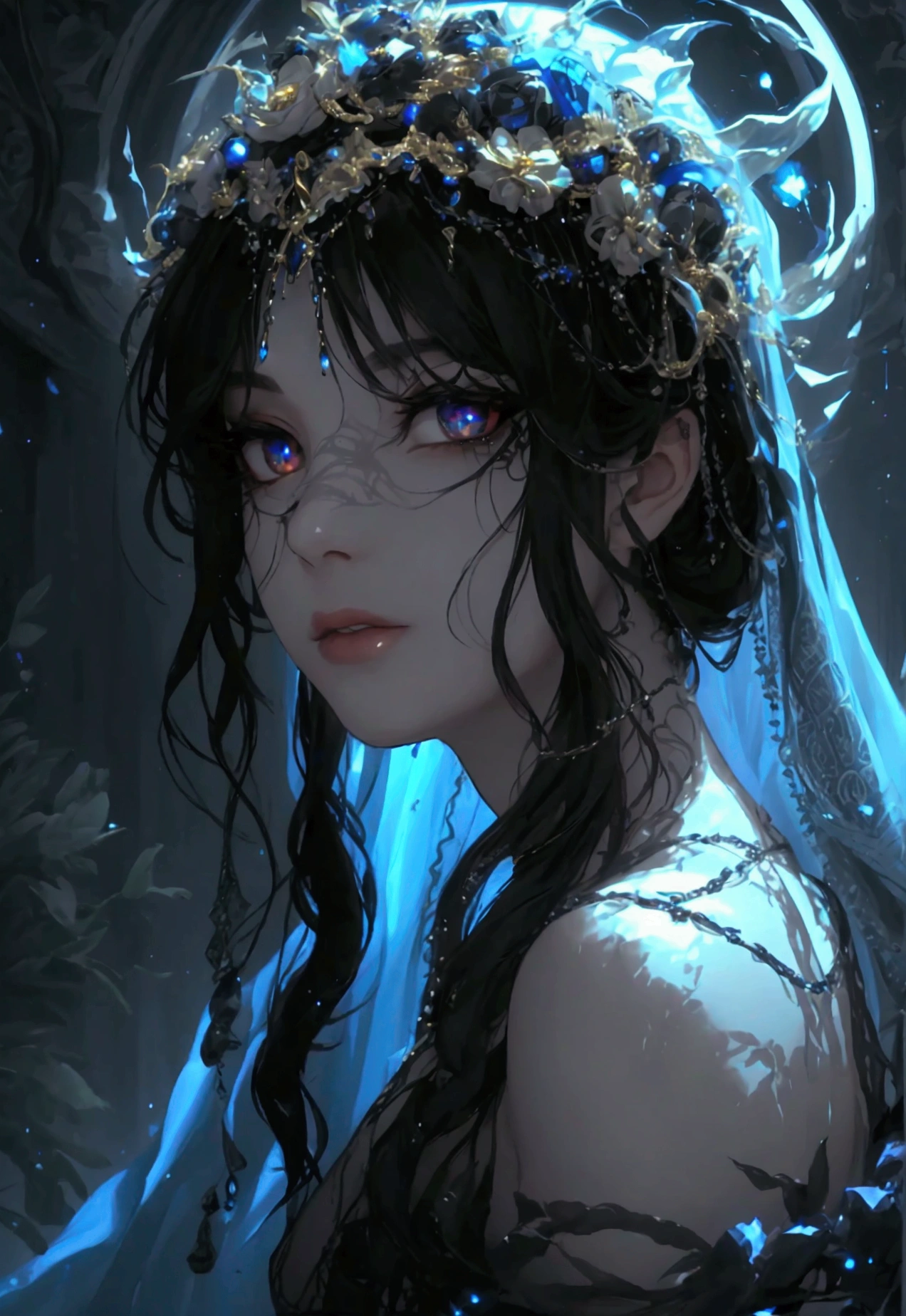 Masterpiece, Best Quality, Onyx Night Hair Color, Dark and Mysterious, Wreathed in Shadows with Ethereal Glow, Deep Onyx Eye Color, Mesmerizing, 1 Goddess, Nyx, Nodding Head, Enigmatic Stare, Phantom Grin, Shadow Realm, Celestial Cloak, Greek Mythology, darkness, (magic:0.7), (from the heavens:0.7)