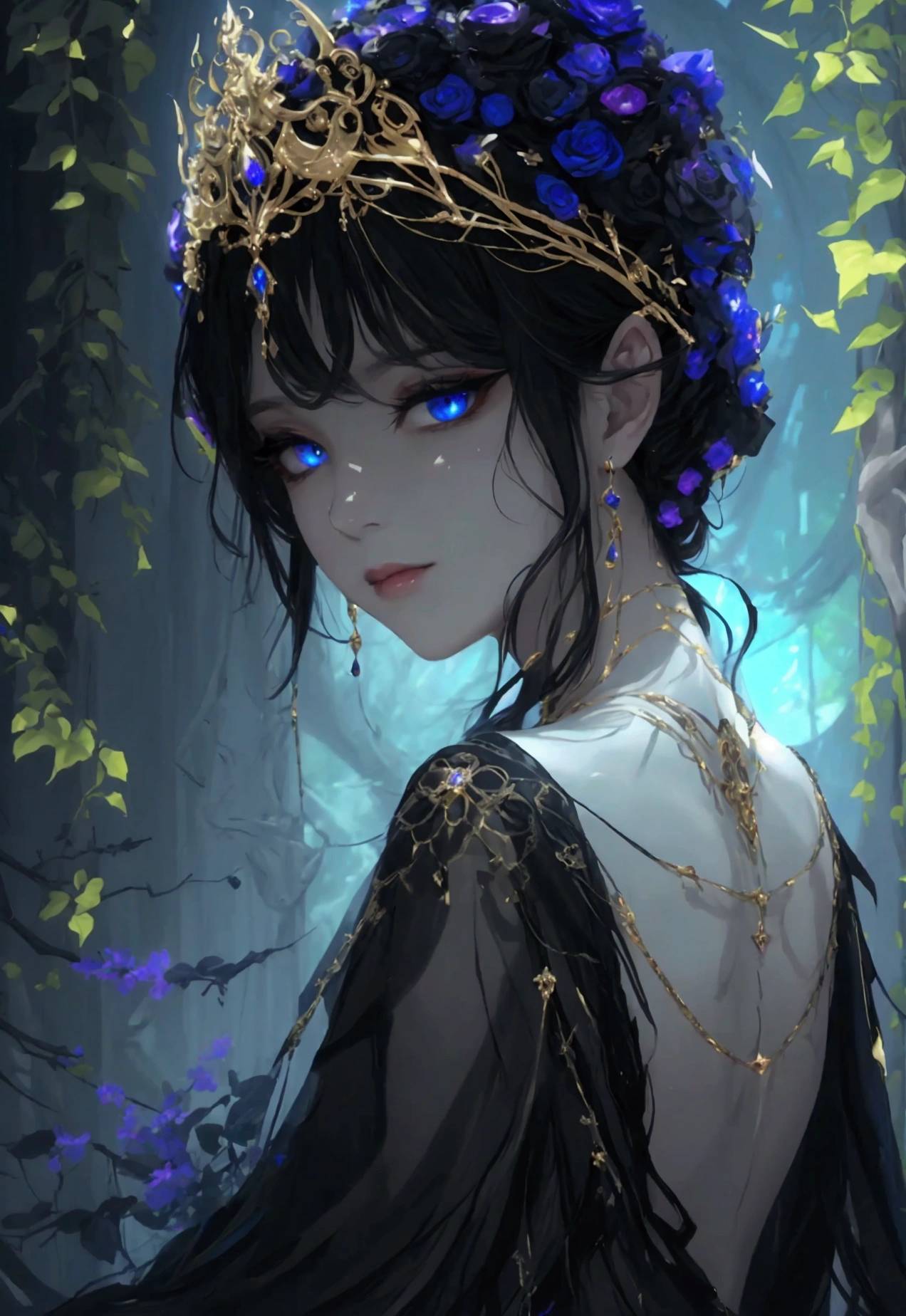 Masterpiece, Best Quality, Onyx Night Hair Color, Dark and Mysterious, Wreathed in Shadows with Ethereal Glow, Deep Onyx Eye Color, Mesmerizing, 1 Goddess, Nyx, Nodding Head, Enigmatic Stare, Phantom Grin, Shadow Realm, Celestial Cloak, Greek Mythology, darkness, (magic:0.7), (from the heavens:0.7)