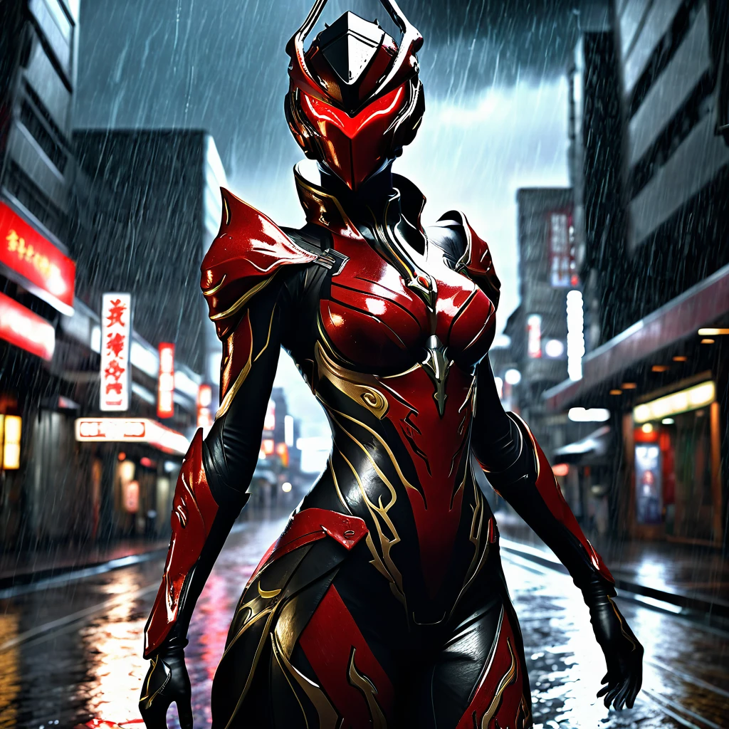 1 japanese girl, WARFRAME, intricate pattern, heavy metal, energy lines, faceless, glowing eyes, elegant, intense, blood red and black uniform, solo, modern, city, streets, dark clouds, thunderstorm, heavy rain,, dramatic lighting,, (masterpiece:1.2), best quality, high resolution,   beautiful detailed, extremely detailed, perfect lighting,