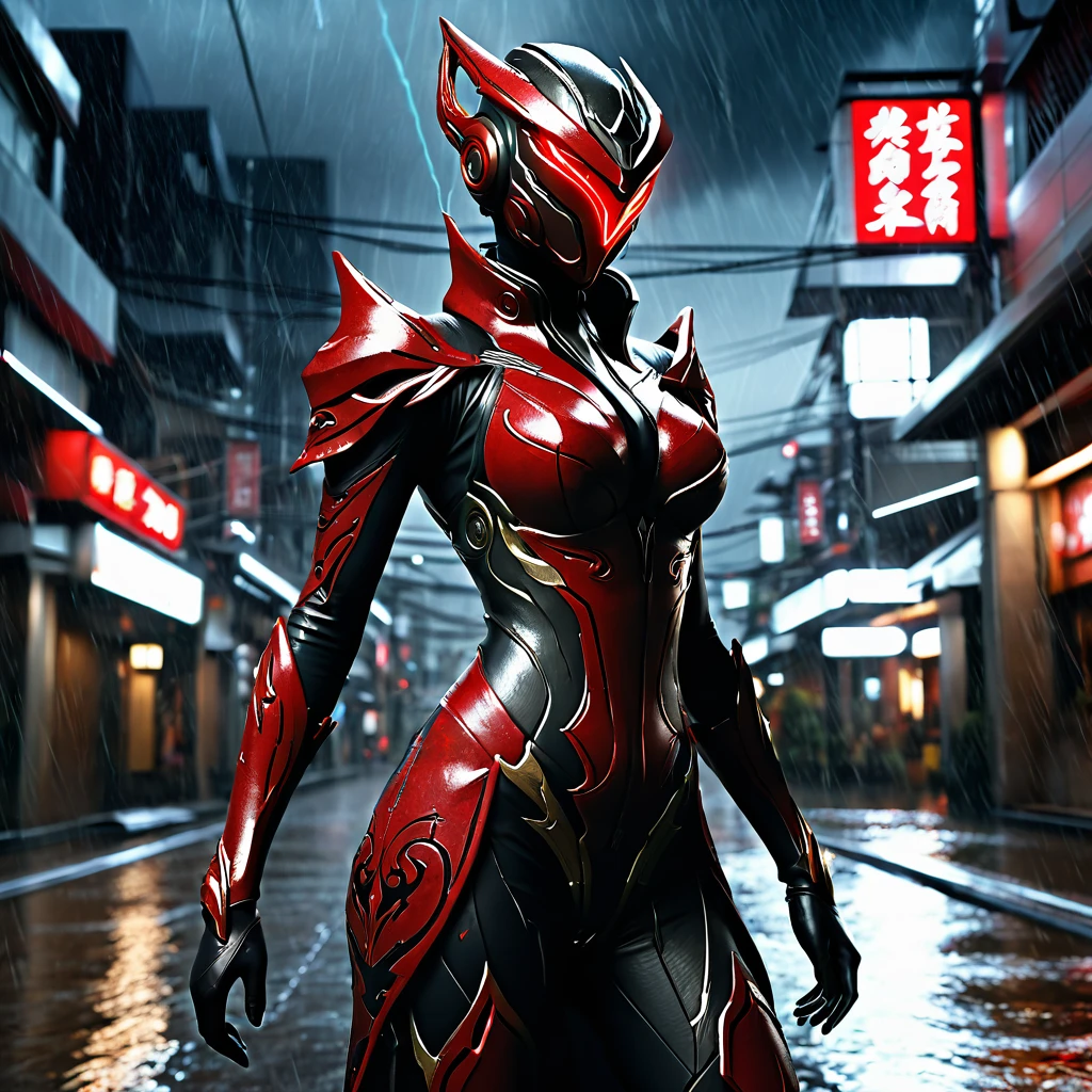 1 japanese girl, WARFRAME, intricate pattern, heavy metal, energy lines, faceless, glowing eyes, elegant, intense, blood red and black uniform, solo, modern, city, streets, dark clouds, thunderstorm, heavy rain,, dramatic lighting,, (masterpiece:1.2), best quality, high resolution,   beautiful detailed, extremely detailed, perfect lighting,