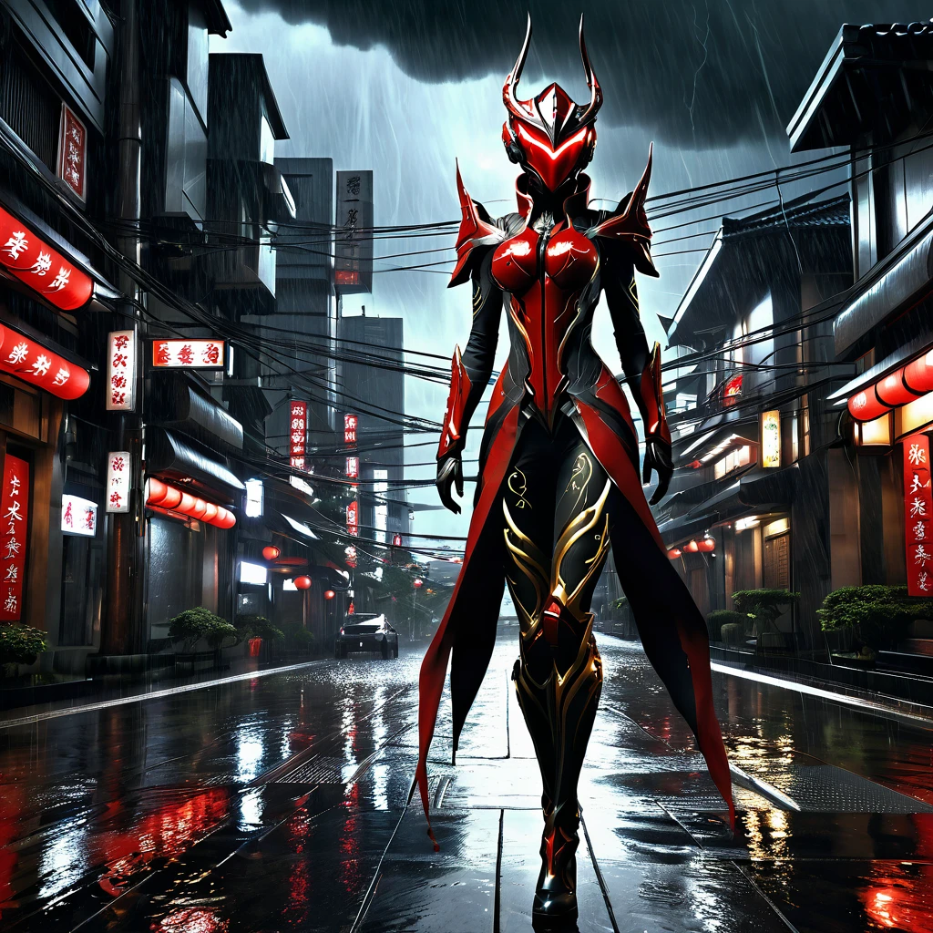 1 japanese girl, WARFRAME, intricate pattern, heavy metal, energy lines, faceless, glowing eyes, elegant, intense, blood red and black uniform, solo, modern, city, streets, dark clouds, thunderstorm, heavy rain,, dramatic lighting,, (masterpiece:1.2), best quality, high resolution,   beautiful detailed, extremely detailed, perfect lighting,