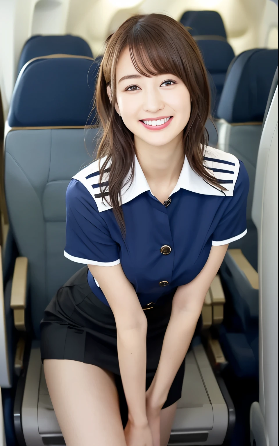 (4K,8k,Masterpiece，Realistic），Super Resolution:1.2、（Japanese:1.3）、Realistic、Japaneseアイドルの女の子、Beautiful face in every detail、21 years old、Beautiful eyes、cute、smile、Perfect hands、Natural Makeup、bangs、Large Breasts、Cabin attendant、Inside the plane、Standing posture、Short sleeve blouse、Tight mini skirt、uniform、Friendly atmosphere