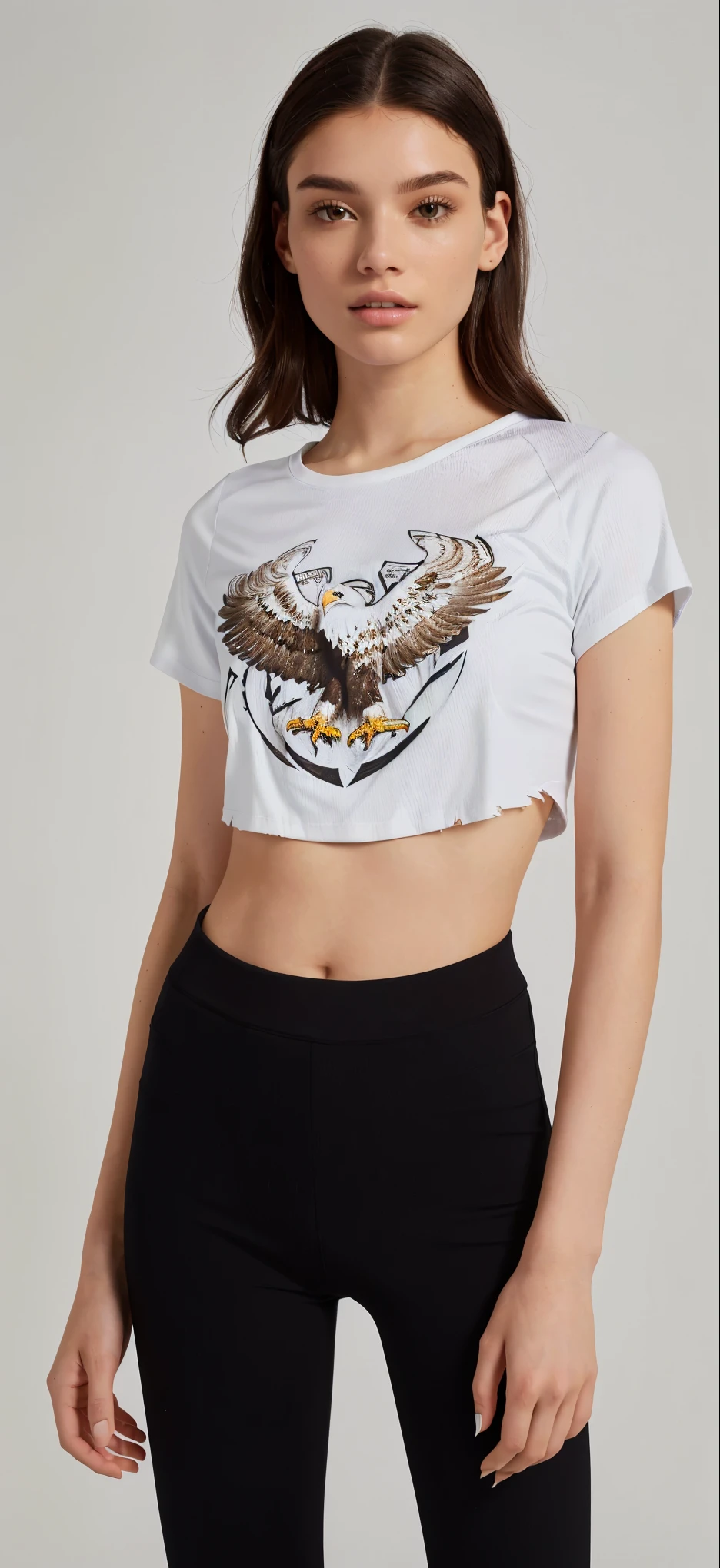 a woman wearing a white top cut with an eagle on it, with torn t-shirt, top cut, top cut, wearing a cropped tops, wearing top cut, bundle of clothes, official product photo, wearing a cropped top, trend in r/urban fashion, wearing a top cut, sports bra and shirt, white undershirt, white t-shirt