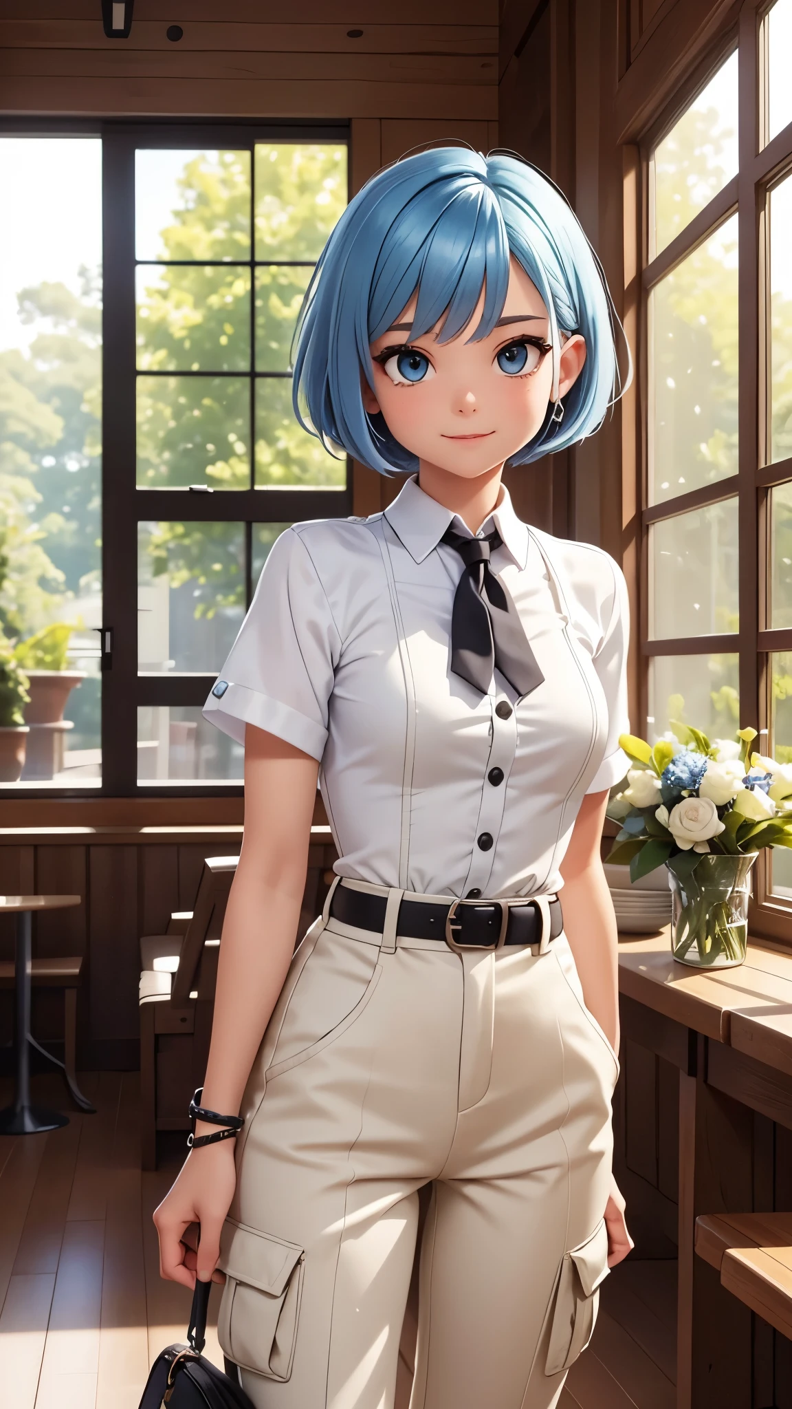 "A young female character with periwinkle blue hair styled in a short, slightly wavy bob cut with a small braid on one side. She has fair skin, large expressive eyes, and a cheerful expression. Her outfit is a modern, chic ensemble consisting of a white short-sleeved button-up shirt with a black tie, a black underbust corset, and high-waisted white cargo pants with multiple pockets. She accessorizes with several silver bracelets on her left wrist and a silver chain belt around her waist. The setting is a bright, airy café with large glass windows, wooden floors, and lush greenery both inside and outside. The overall atmosphere is light, peaceful, and inviting, with sunlight streaming in and creating a serene ambiance."