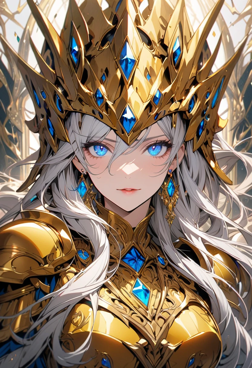 woman, blue eyes, long hair, white hair, mature, god eyes, diamond earings, golden armor, beautiful, high detail, beautful color, main face, front face.