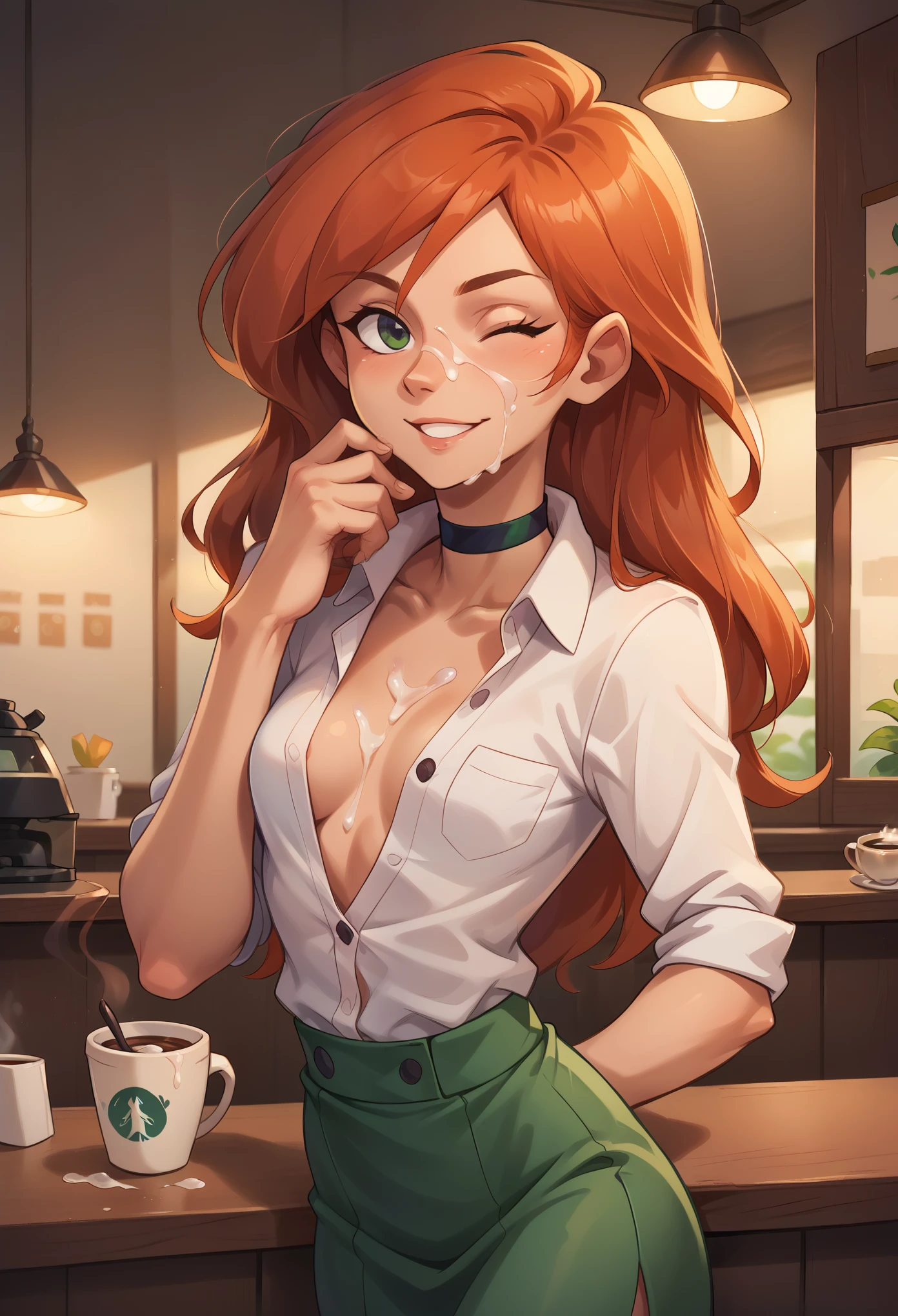 score_9, score_8_up, score_7_up, detailed soft lighting, BREAK 1girl, solo, Kim Possible, (orange-red hair:1.5), looking at viewer, smiling, winking, wearing (cute green skirt and choker:1.2) and (unbuttoned white blouse:1.3), beautiful woman, (coffee shop:1.2), hand on cheek, high budget, (masterpiece, best quality, highly detailed, beautiful), cum on face, cum on chest.