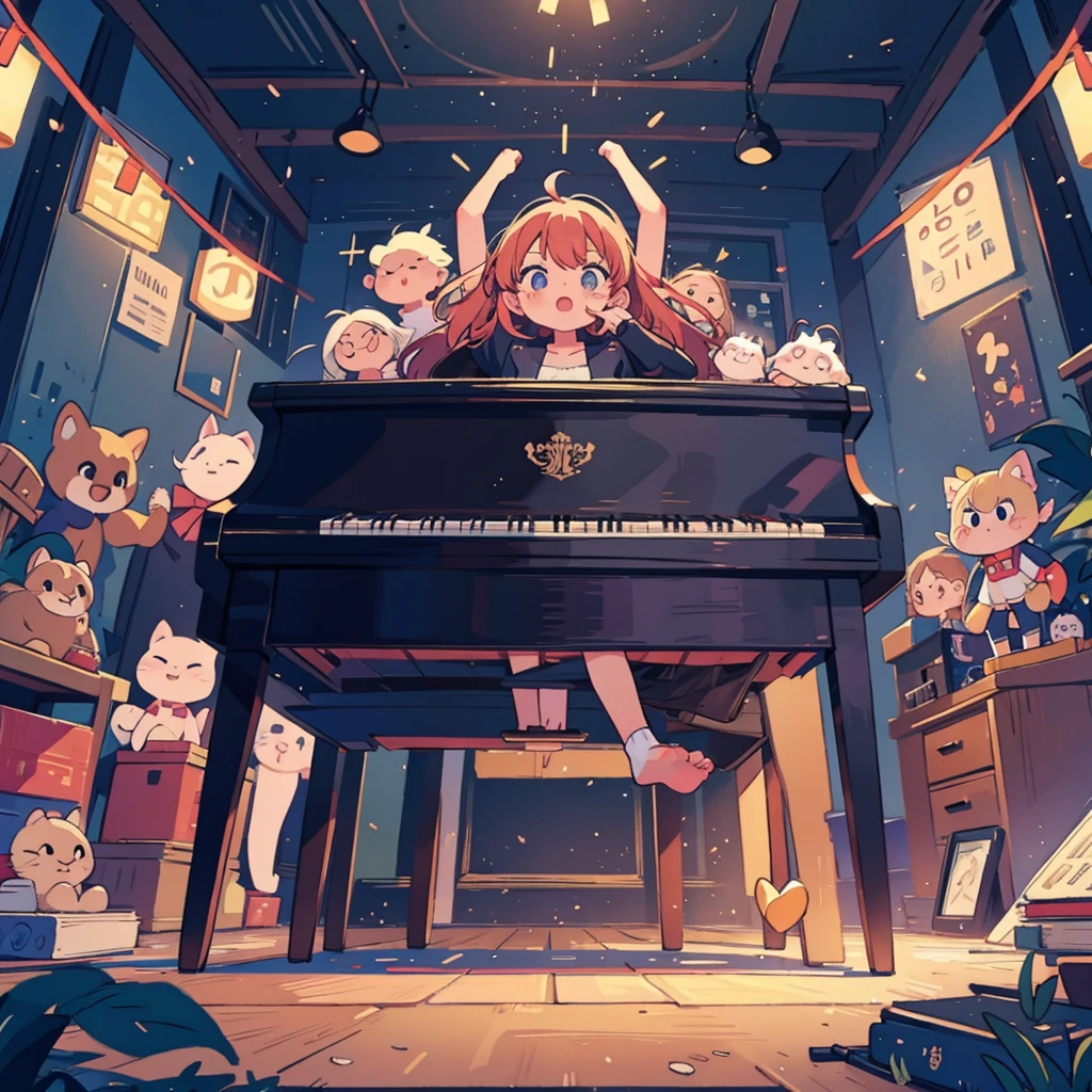 The girl hits the piano from top to bottom with her fist
