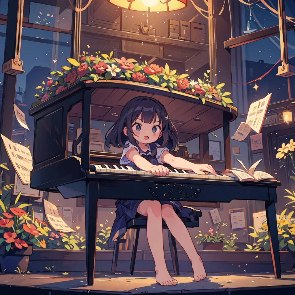 The girl hits the piano from top to bottom with her fist