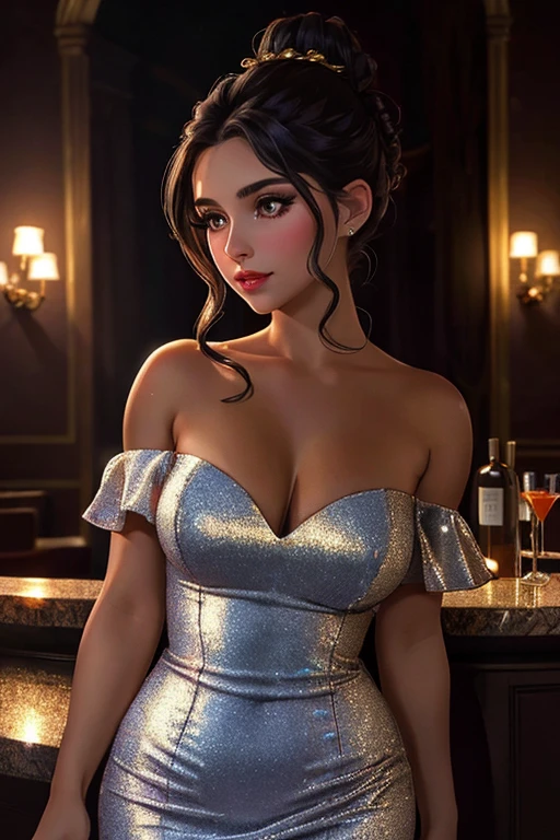 1girl, long hair, foundation, concealer, mascara, rosy cheeks, smokey eye makeup, lipstick, photorealistic, hyperrealistic, hyperdetailed, analog style, soft lighting, subsurface scattering, realistic, heavy shadow, masterpiece, best quality, ultra realistic, 8k, golden ratio, Intricate, High Detail, film photography, soft focus, (european, caucasian:1.5), luxurious night club, dim mood lighting, accent lighting, high end, upscale, posh, fancy ornate bar, (short black cocktail dress:1.25), strapless, bare shoulders, (hair up in messy bun:1.3), content, relaxed, soft smile, elegant dignified pose, (beautiful, gorgeous, flawless complection, glamour model:1.3), twilight blue, sparkling silver, galaxy purple, black velvet, (medium shot:1.4), (portrait:1.2), (hispanic, spanish, dark tan skin:1.3)