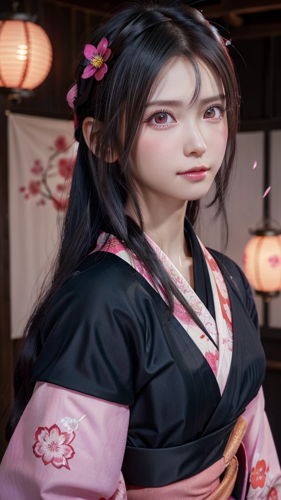 Ultra detailed, highres, absurdres, HDR, Kamado Nezuko, black long hair, pink expressive eyes, Kimetsu No Yaiba, pink flowers, petals, fireflies, lanterns, pink moon, woman, extremely beautiful, very detailed face and eyes, pink kimono, black haori, solo