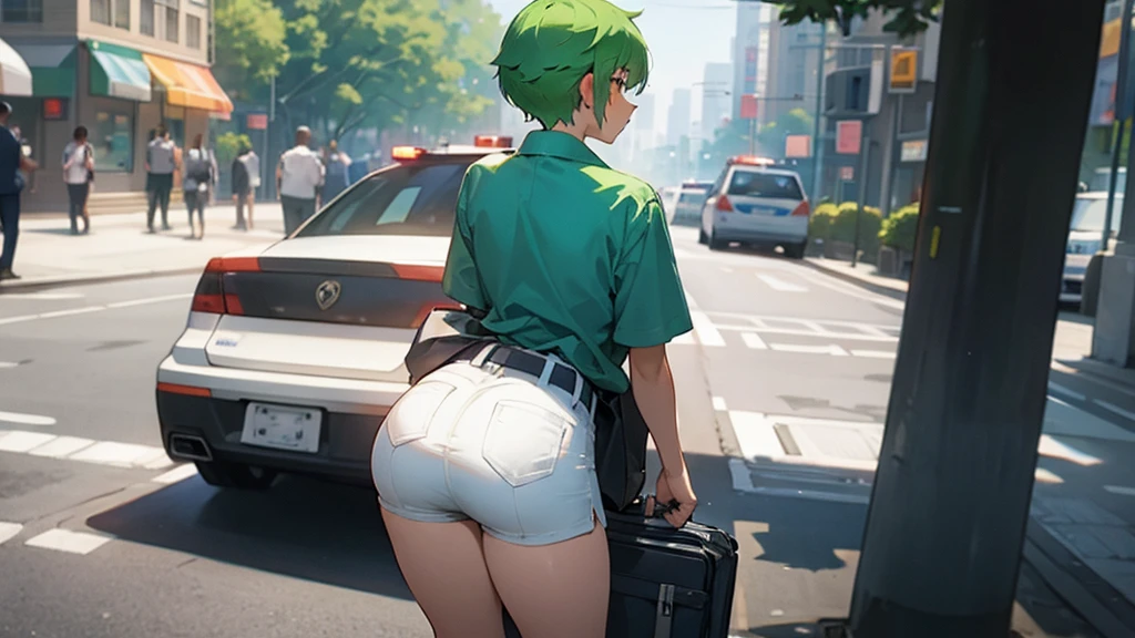 1woman, police shirt, white shorts, short green hair, busy street, backview, big butt