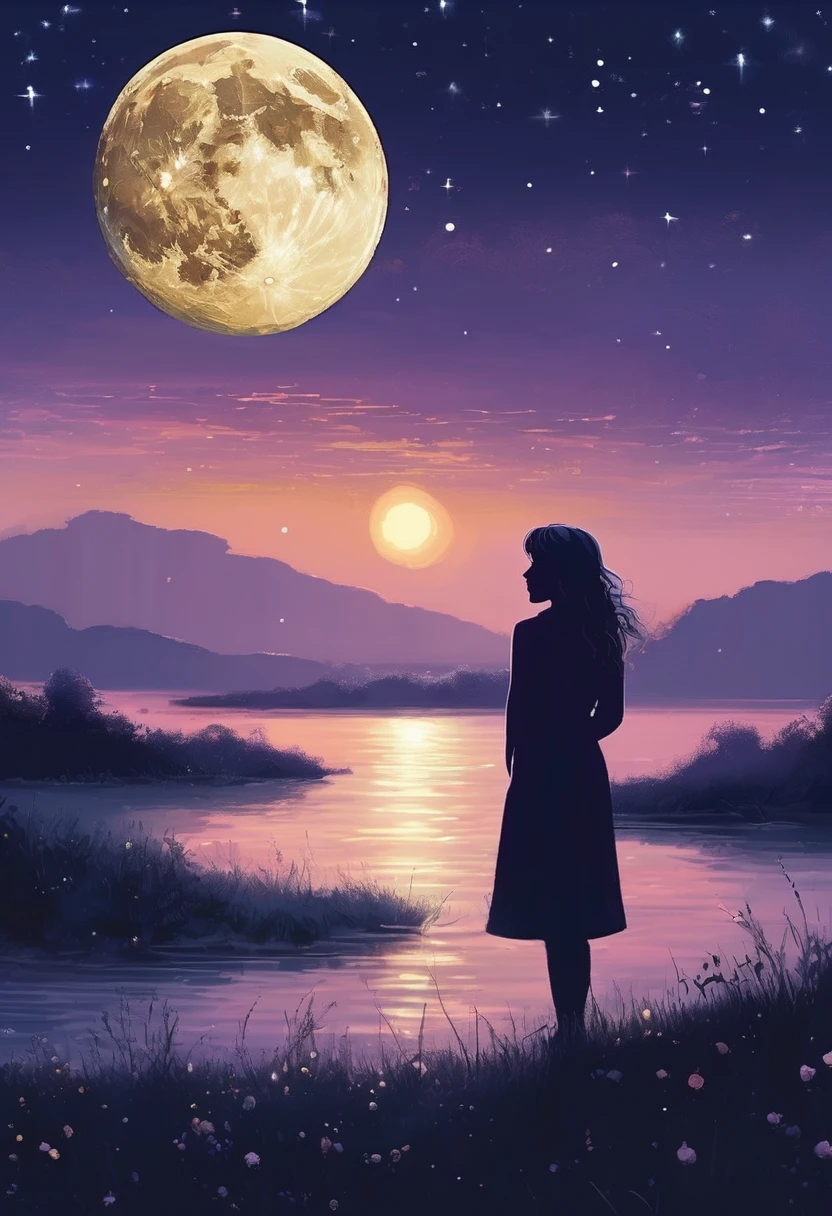 (best quality, masterpiece, ultra detailed), It should feature a serene night sky with stars and a glowing moon. In the foreground, show a silhouette of a person looking up at the sky, with a gentle smile, symbolizing the anticipation of meeting a loved one again. The color palette should consist of deep blues, purples, and subtle hints of gold to evoke a sense of calm and warmth.
