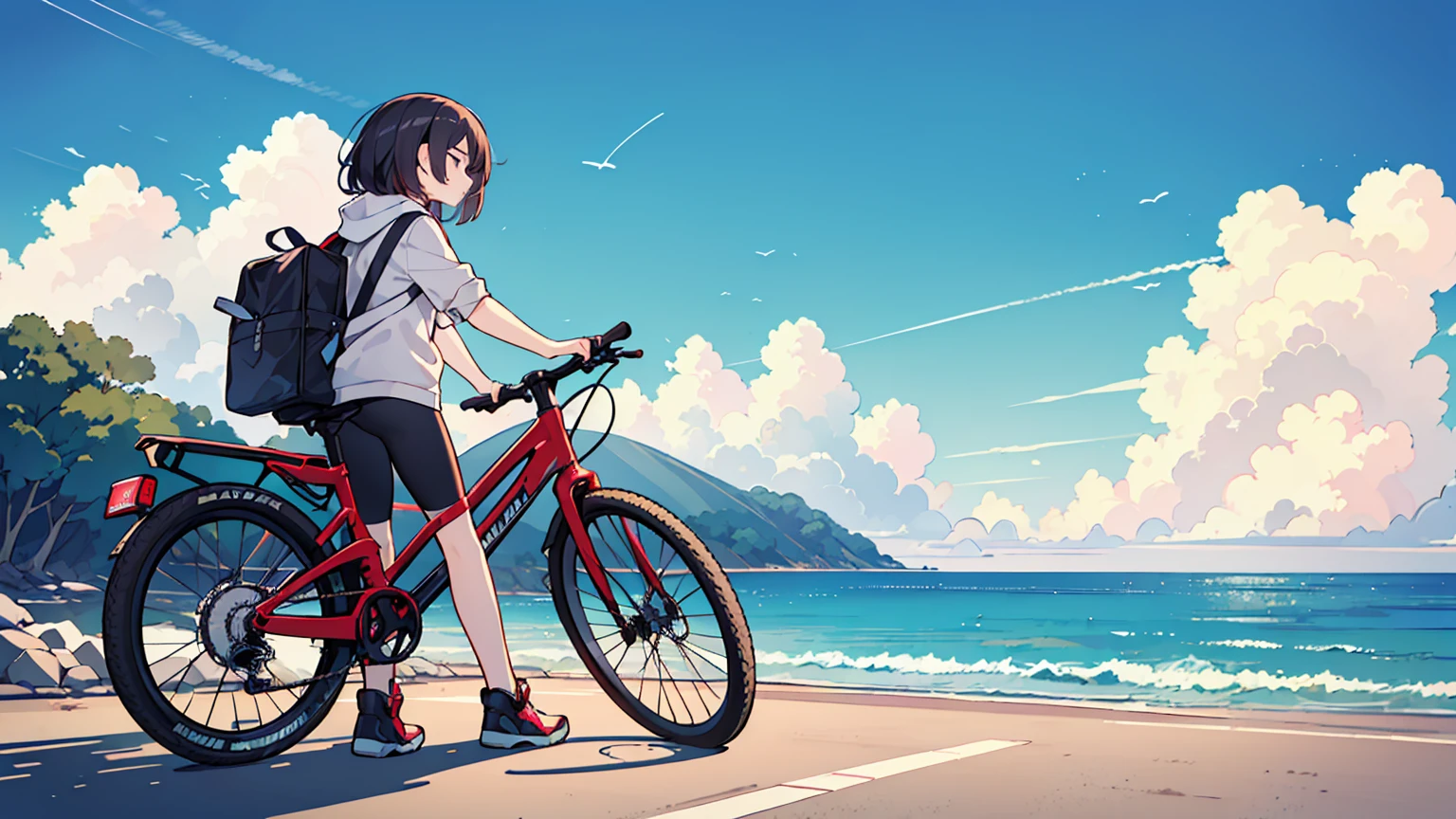 ((걸작,최고의 품질)),Create an image of a person standing next to a bicycle on an open road, gazing at the horizon where a clear blue sky dotted with clouds meets the calm sea. conveying a sense of tranquility and introspection