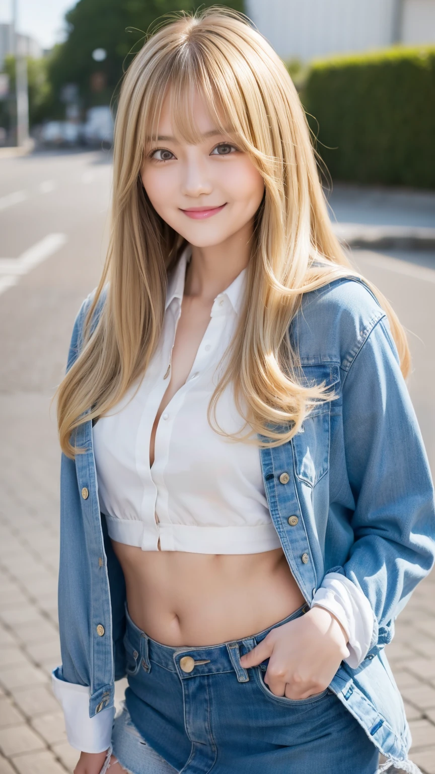 y big ,16 autiful girl is sexy and cute ute beautiful sexy face, A strowind blows my hair in front of my face,Beautiful super long metallic blonde straight hair、Beautiful, cute and sexy eyes hidden beh long bangs、Belly button shirt、Very shortlow plaid miniskirt、Turn around and look at me with a smile、