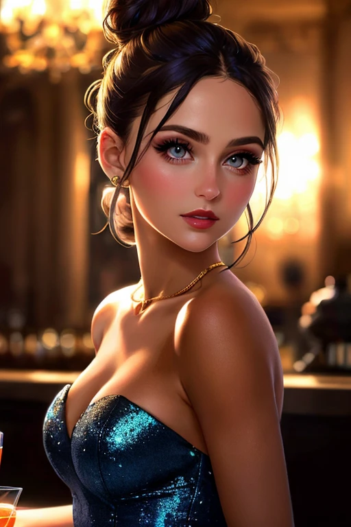 1girl, long hair, foundation, concealer, mascara, rosy cheeks, smokey eye makeup, lipstick, photorealistic, hyperrealistic, hyperdetailed, analog style, soft lighting, subsurface scattering, realistic, heavy shadow, masterpiece, best quality, ultra realistic, 8k, golden ratio, Intricate, High Detail, film photography, soft focus, (european, caucasian:1.5), luxurious night club, dim mood lighting, accent lighting, high end, upscale, posh, fancy ornate bar, (short black cocktail dress:1.25), strapless, bare shoulders, (hair up in messy bun:1.3), content, relaxed, soft smile, elegant dignified pose, (beautiful, gorgeous, flawless complection, glamour model:1.3), twilight blue, sparkling silver, galaxy purple, black velvet, (medium shot:1.4), (portrait:1.2), (hispanic, spanish, dark tan skin:1.3)