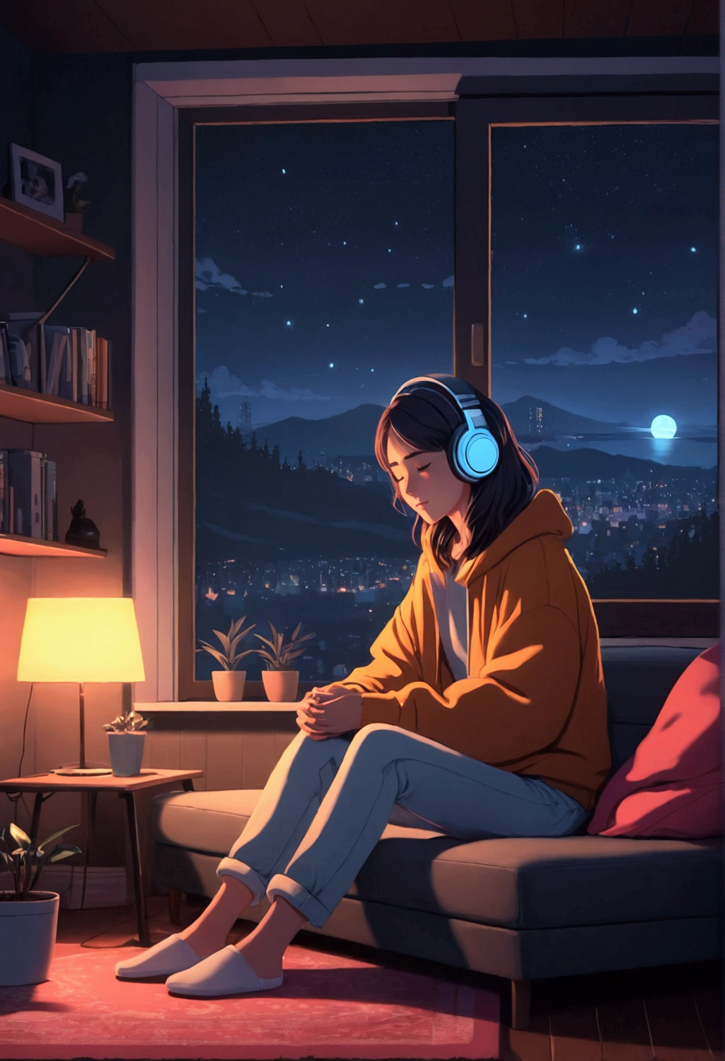 Perfect image, 8k, night、Girl listening to music in a cozy room, Using headphones, 2D-style animation, Lo-Fi, hard disk, Dark Environment, Hugging your boyfriend,