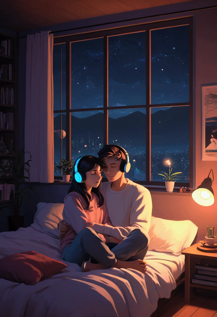 Perfect image, 8k, night、Girl listening to music in a cozy room, Using headphones, 2D-style animation, Lo-Fi, hard disk, Dark Environment, Hugging your boyfriend,