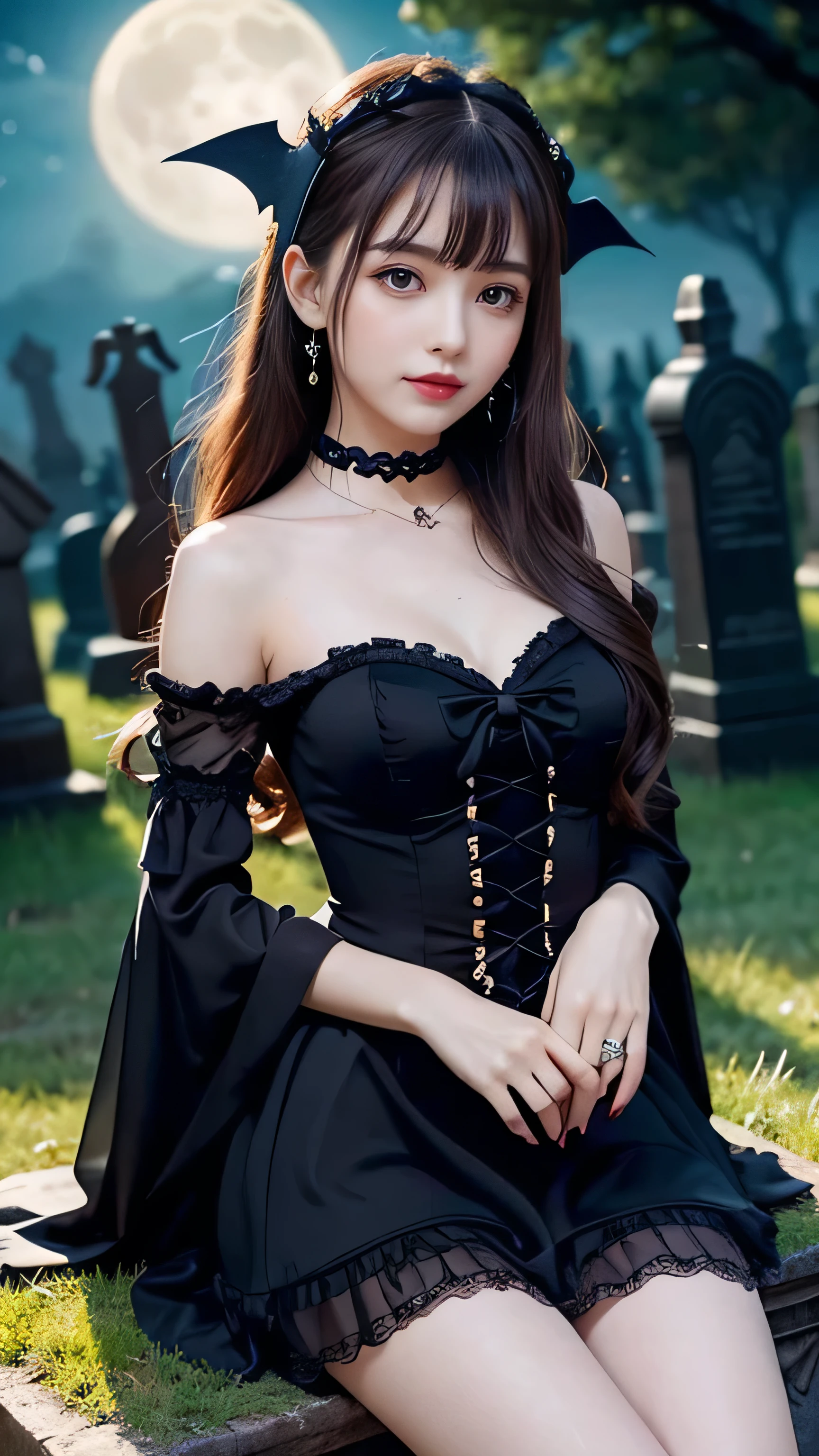 ### Prompt: Moe Vampire in a Graveyard

Create an ultra-cute and enchanting depiction of a moe vampire character, set in a spooky graveyard at night.

**Overall Appearance**:
- **Age**: The vampire appears as a young girl in her late teens, exuding a blend of innocence and charm.
- **Body Type**: She has a  yet well-proportioned figure, with a slender waist and a youthful, cute appearance.

**Facial Features**:
- **Skin**: Her skin is pale and smooth, with a soft, almost porcelain-like glow. It gives her an ethereal and delicate look.
- **Eyes**: Her eyes are large and sparkling, with a captivating ruby red hue. They are framed by long, fluttery eyelashes that enhance her innocent and enchanting gaze.
- **Hair**: Her hair is long and silky, cascading down her back in soft waves. It is a deep, glossy black or vibrant dark red, with cute accessories like ribbons or small bat-shaped clips.
- **Mouth**: Her lips are small and rosy, with a cute, slightly pouting expression. When she smiles, tiny, adorable fangs peek out, adding to her moe charm.

**Attire**:
- **Clothing**: The vampire wears a frilly, Gothic Lolita-style dress in shades of black, purple, and red. The dress has layers of lace, ribbons, and bows, with a fitted bodice and a flared skirt that adds to her cute appearance. She also wears knee-high stockings and Mary Jane shoes with little bat decorations.
- **Accessories**: She adorns herself with a choker necklace featuring a small, red gemstone, matching earrings, and a cute bat-shaped hairpin. She carries a small, Gothic-style parasol with lace trim, adding to her charming and whimsical look.

**Scene**:
- **Setting**: The vampire is set in a spooky graveyard at night, surrounded by old, moss-covered tombstones and gnarled trees. The full moon casts a silvery glow, creating an eerie yet enchanting atmosphere.
- **Activity**: The vampire is sitting on a tombstone, playfully swinging her legs and holding a small, ghost-shaped plush toy. She looks around