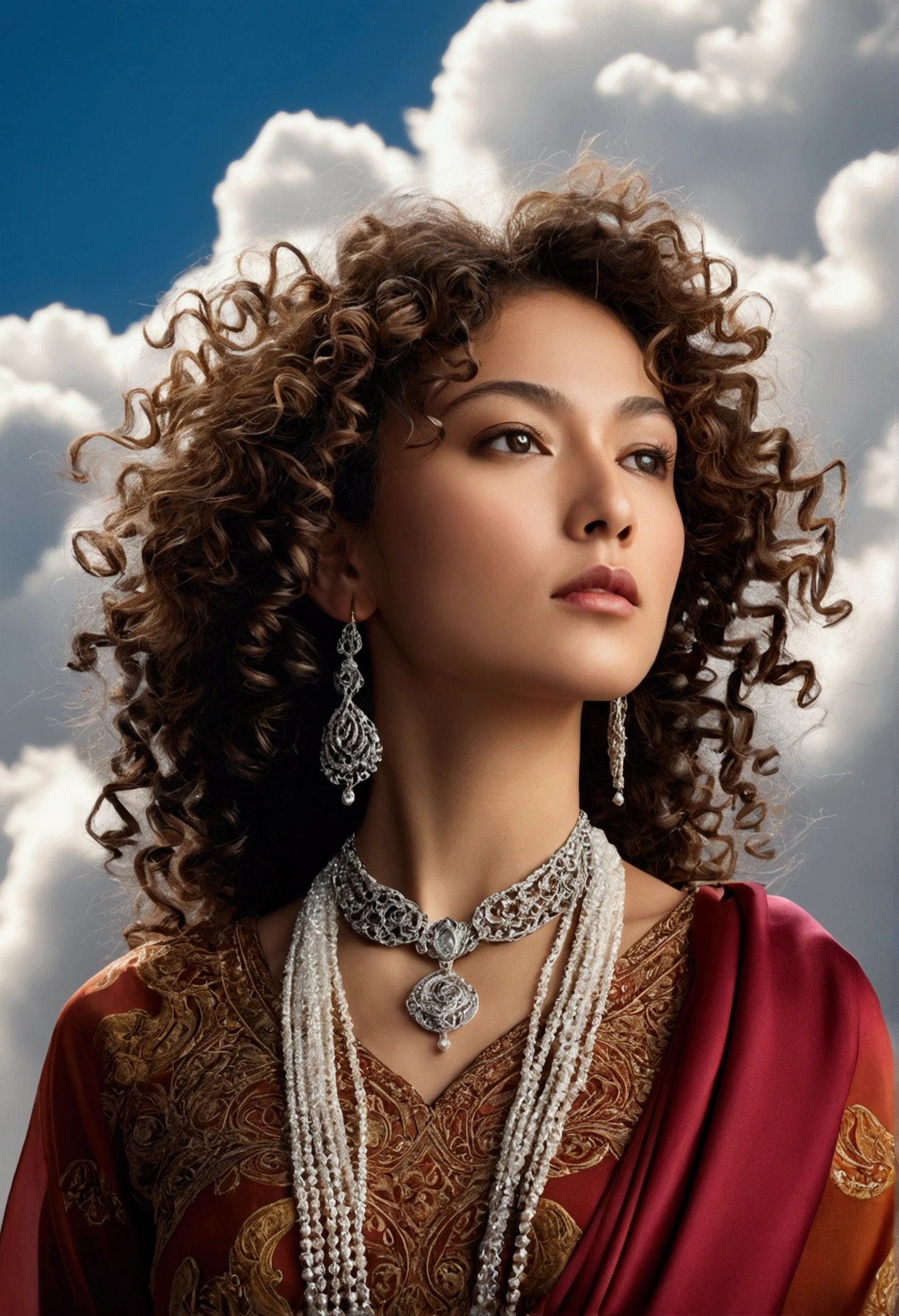 A detailed close-up from a dramatic, low-angle shot of a Turkic woman with curly hair, adorned with a sleek platinum chain and pendant, in a traditional dress. She is standing amidst a swirling cloud of vibrant silk fabric, which flows around her and creates a dynamic backdrop, adding a sense of movement and depth to the image. The contrast between the flowing fabric and the elegant jewelry highlights both elements uniquely. The image is photorealistic, hyper-realistic digital, high quality, 8K Ultra HD.