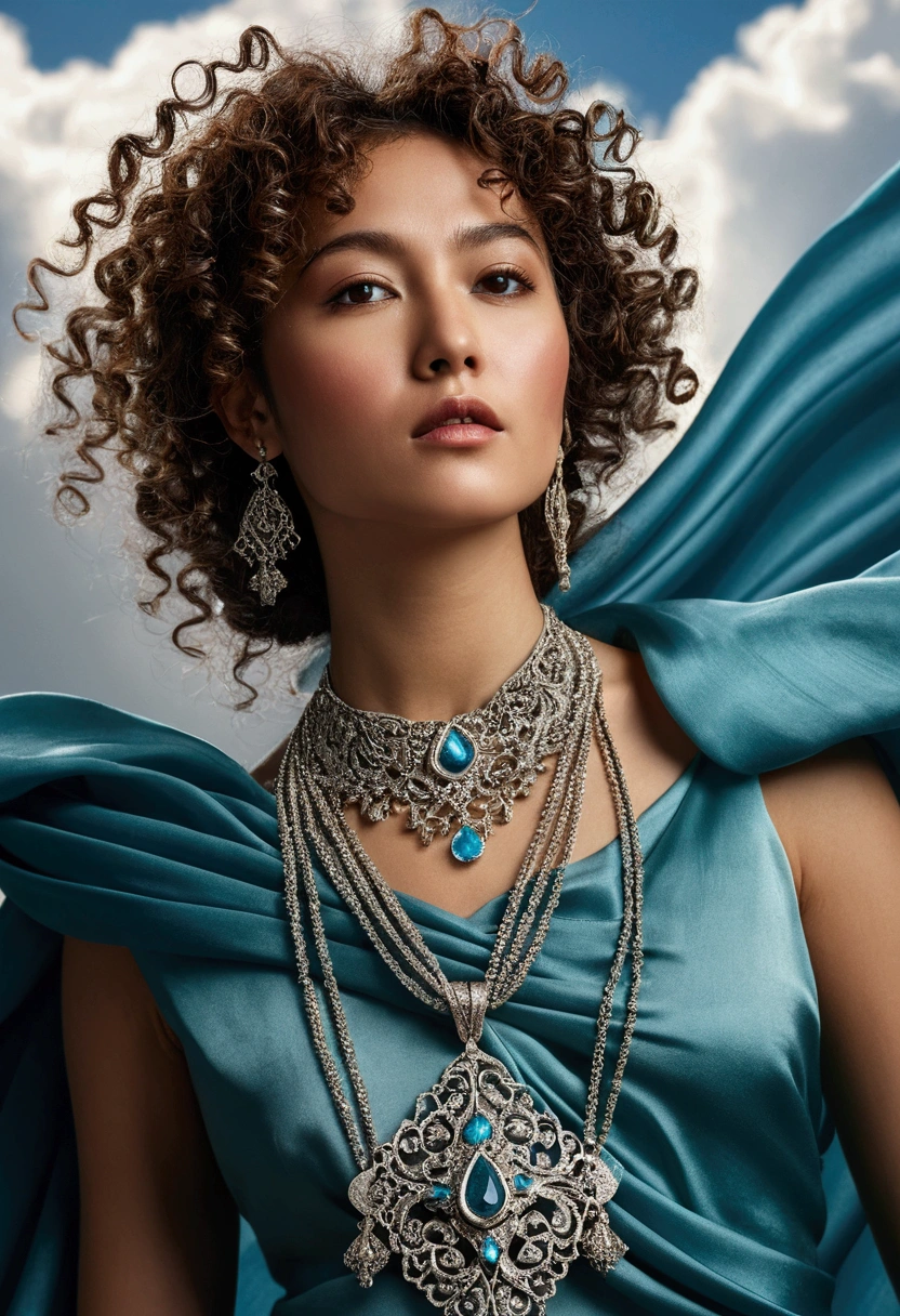 A detailed close-up from a dramatic, low-angle shot of a Turkic woman with curly hair, adorned with a sleek platinum chain and pendant, in a traditional dress. She is standing amidst a swirling cloud of vibrant silk fabric, which flows around her and creates a dynamic backdrop, adding a sense of movement and depth to the image. The contrast between the flowing fabric and the elegant jewelry highlights both elements uniquely. The image is photorealistic, hyper-realistic digital, high quality, 8K Ultra HD.