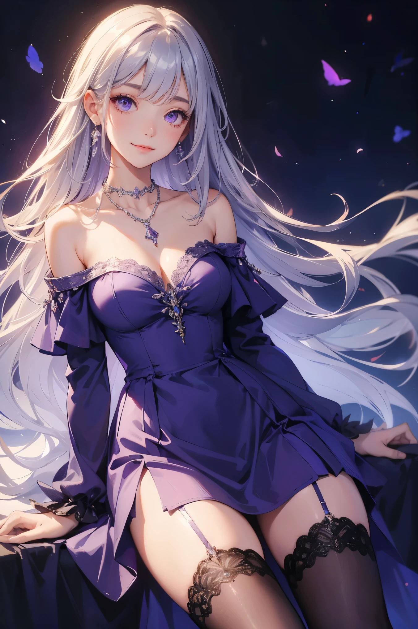 Off-the-shoulder dress, Highest quality, High resolution, 1 girl, Super High resolution, alone, stockings, Purple eyes, , Long silver hair, bangs,necklace,Grinning face