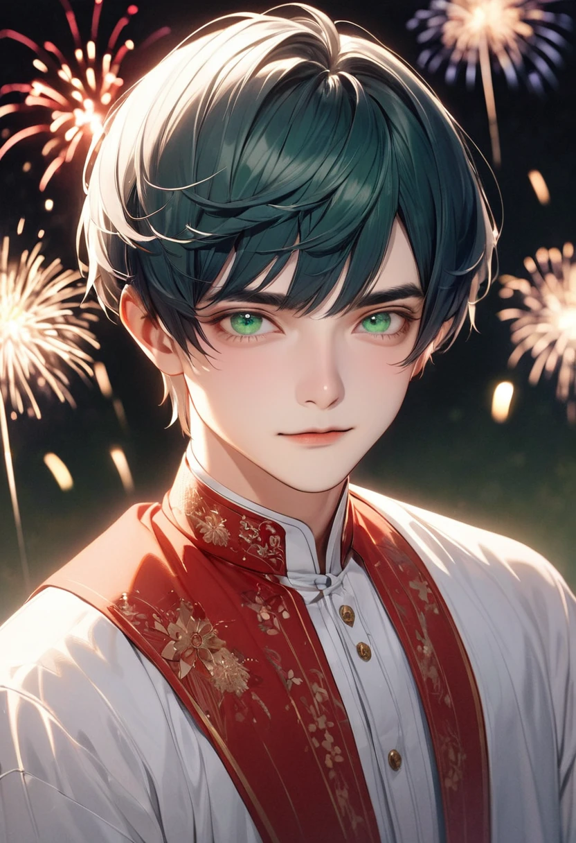 1 male　Short hair and eyebrows that are a deep blue color　Bangs parted on the right side　Green eyes　Red and white dress　In white　firework
