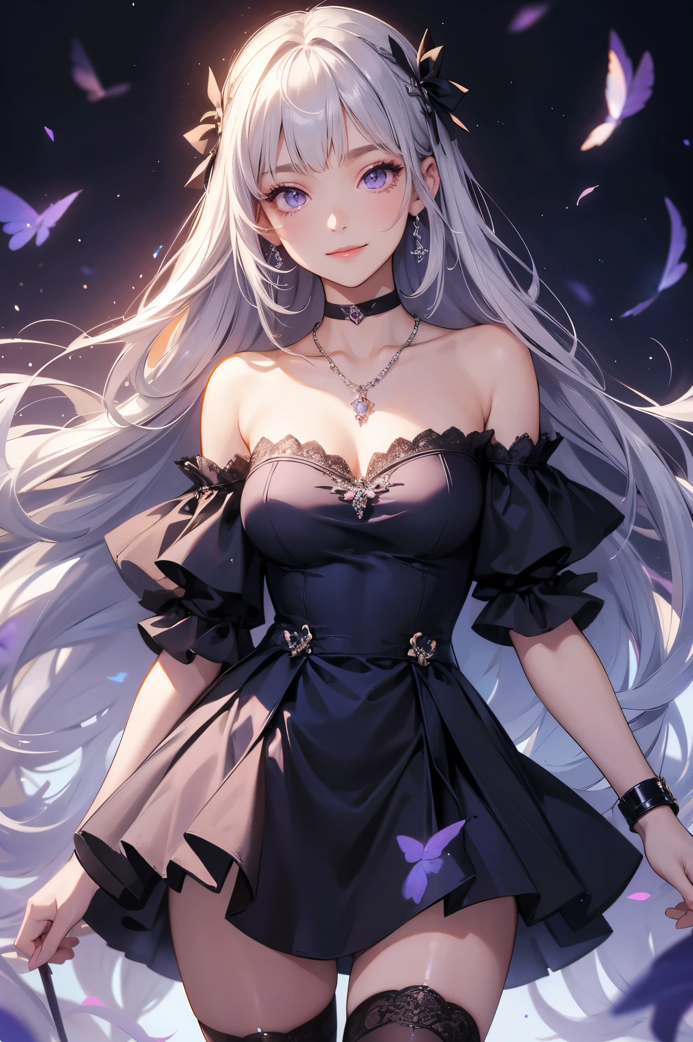 Off-the-shoulder dress, Highest quality, High resolution, 1 girl, Super High resolution, alone, stockings, Purple eyes, , Long silver hair, bangs，necklace,Grinning face