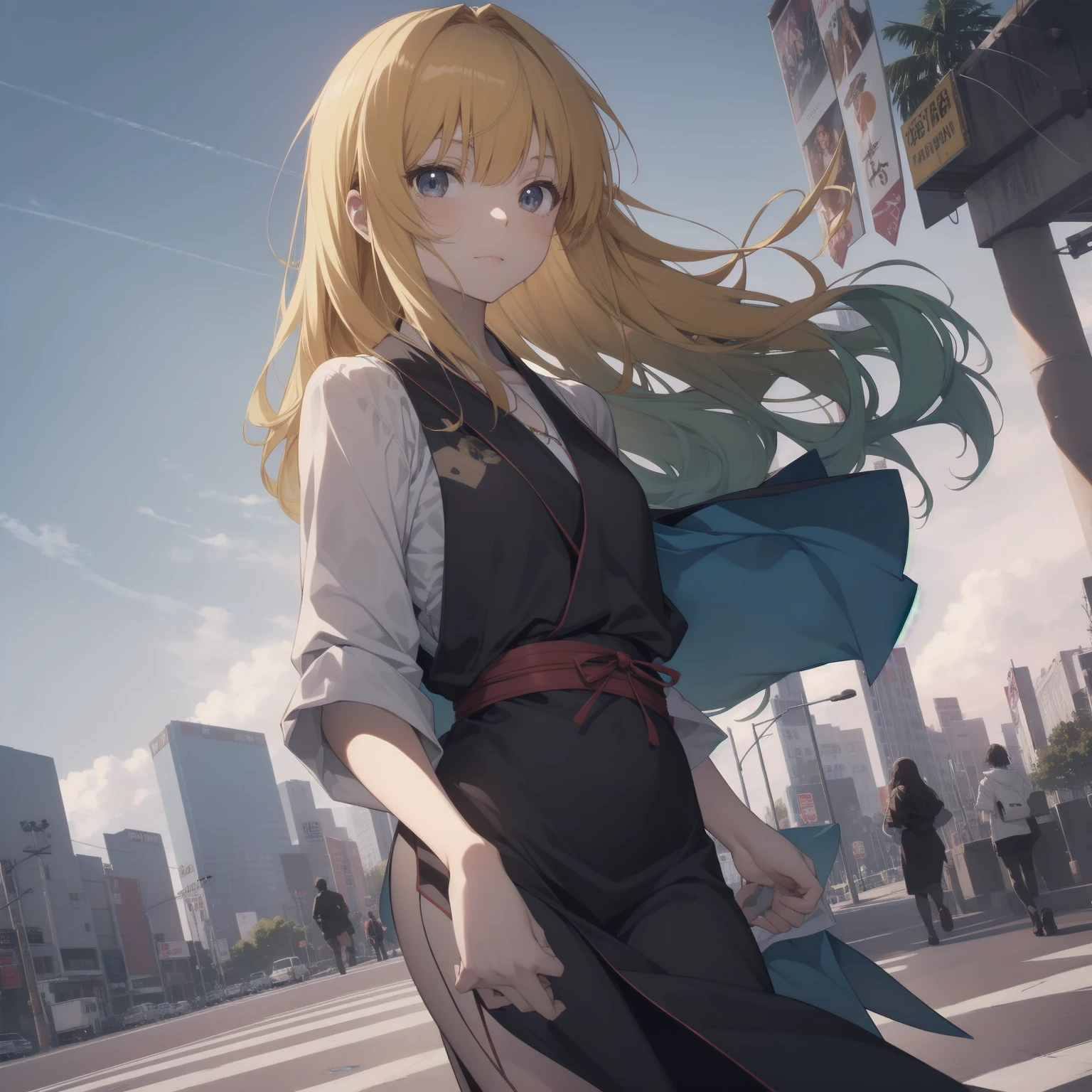 Ninjas are... cool and... fast.！ultra-absurdres-Top quality by artist God, ultra-detailed, high resolution, anime moe artstyle, best anime 8k konachan wallpaper, pixiv contest winner, pool:2810, perfect anatomy,break, Domo…1girl is ninja girl, (Please draw a picture of a Ninja girl stand and look down on the city from rooftop),from above, dutch angle, break, (Solo,ロリ,12-year-old:1.3), androgynous charm, (Very Short hair, blunt bangs), Full limbs, complete fingers,flat chest, Small butt, groin, small black eyes, beautiful detailed eyes, well-proportioned iris and pupils, expressive eyes, highres detailed hair, (sleeveless hanjuban),obi,ninja hakama, japanese Hairpin,ninja scarf waving in the wind, ninja stance, break,super detailed skin, Best cinematic lighting powered by famous artist, 8k,beauty illustration,photoshop_(medium),very aesthetic,break,((artist:horosuke )), artist:clamp ,artist:carnelian ,artist:kantoku ,
