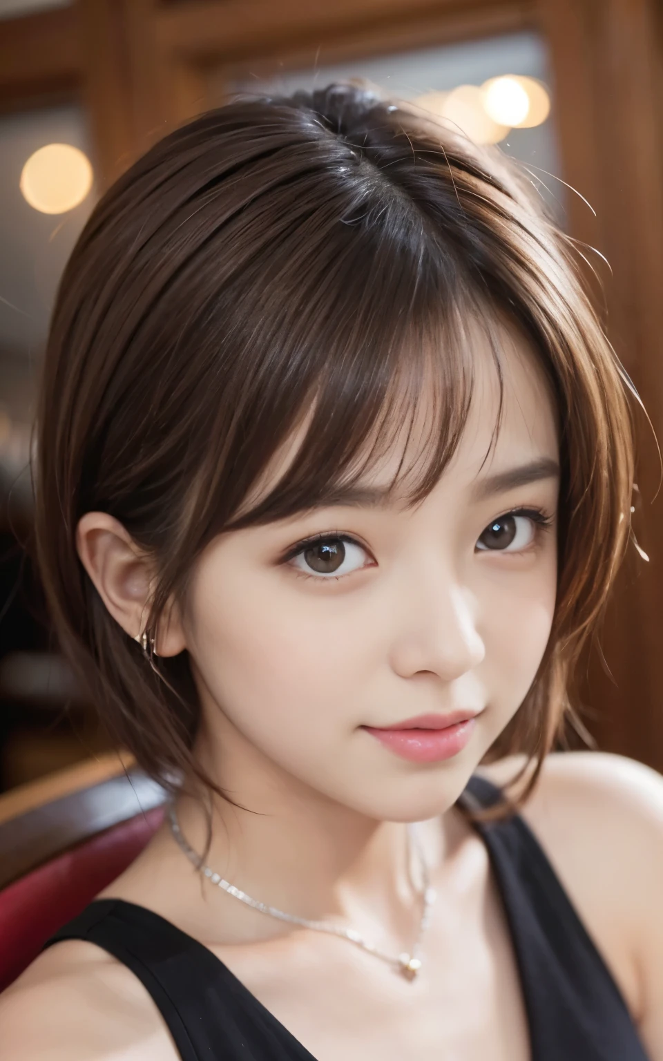 Cute 21 years old Japan、Christmas、Luxury HotelsBAR、A smile、Super Detail Face、Eye of Detail、double eyelid、beautiful thin nose、sharp focus:1.2、prety woman:1.4、(light brown hair,short cut hair, top-quality、Luminescence、masterpiece、超A high resolution、(Photorealsitic:1.4)、doress、