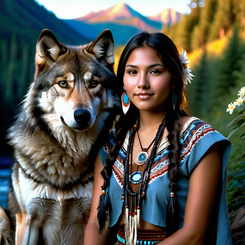 (grainy:0.5), cinematic, beautiful girl 25 year old,native american,fantasy,(solo:1.3), detailed brown eyes, detailed face, detailed native American sexy clothing , volumetric lighting, dusk, extremely detailed background, standing next to forest, mountains, flowers, water fall, smiling, half closed eyes, tilted head, from side, sitting next to her wolf