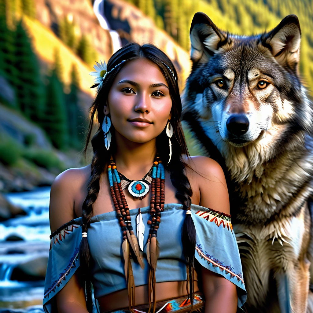 (grainy:0.5), cinematic, beautiful girl 25 year old,native american,fantasy,(solo:1.3), detailed brown eyes, detailed face, detailed native American sexy clothing , volumetric lighting, dusk, extremely detailed background, standing next to forest, mountains, flowers, water fall, smiling, half closed eyes, tilted head, from side, sitting next to her wolf