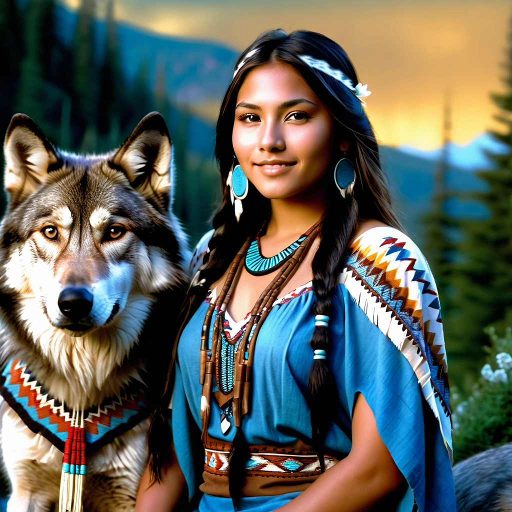 (grainy:0.5), cinematic, beautiful girl 25 year old,native american,fantasy,(solo:1.3), detailed brown eyes, detailed face, detailed native American sexy clothing , volumetric lighting, dusk, extremely detailed background, standing next to forest, mountains, flowers, water fall, smiling, half closed eyes, tilted head, from side, sitting next to her wolf