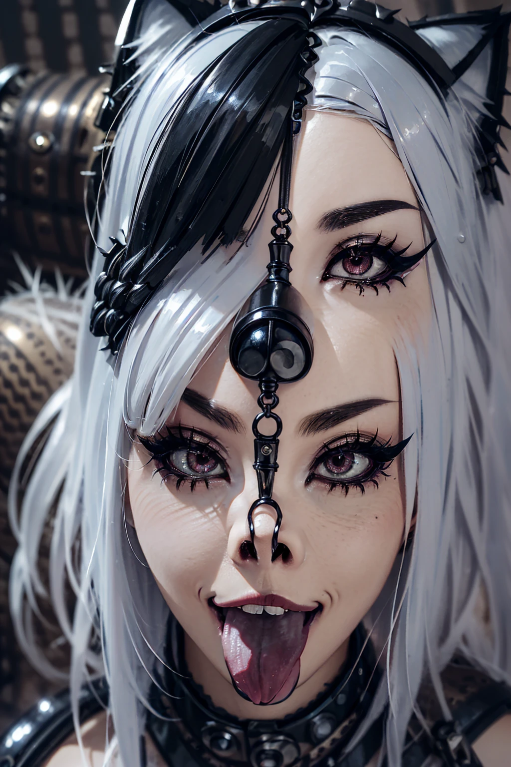 masterpiece, Highest quality, (Face close-up, Sticking out a long tongue, Ahegao:1.3), beautiful girl, happiness, smile, Beautiful and detailed, Narrow eyes, Dark Eyes, amount, Thin eyebrows, Eyelash extensions, (Silver Hair, Wavy bristles, Short Hair:1.3), Gal Makeup, (Nose hook:1.3), (Punk rock outfit, Wolf element added:1.3), (Steampunk background:1.3), (Drooling:1.3)