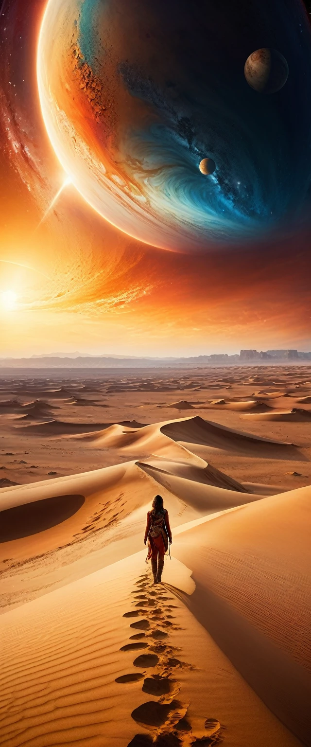 Highest quality,(masterpiece:1.2),Ultra-high resolution,Raw color photography,8K,Vast landscape photography,Realistic photos,Elaborate photos,man living on a sand planet,,(From the back:1.5),(From below:1.2,Woman standing on a sand planet,The vast desert spreads out before your eyes,The sky is a vast universe,Sunset),Written boundary depth,Wide Light,Low contrast,Backlight,Sharp focus,Vibrant colors,Dynamic configuration