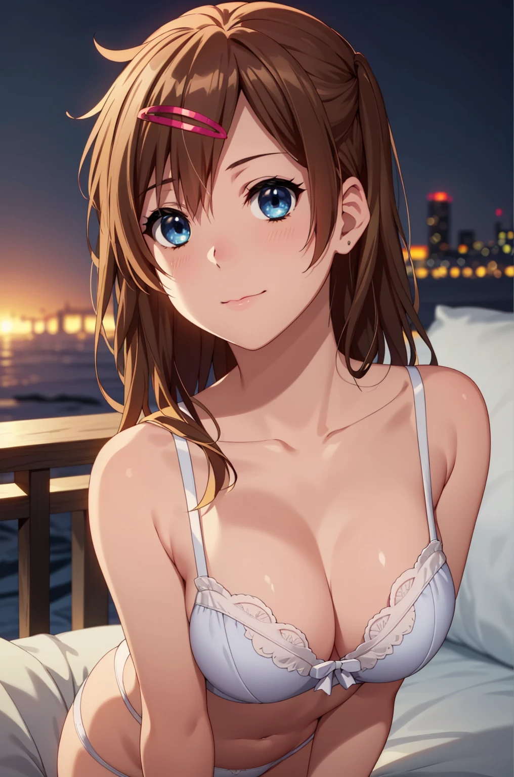 masutepiece,Best Quality,High resolution,Fine details,独奏, Woman,blush,Curve,((Delicate white underwear)),(On a luxury hotel bed),sexy 、Long Wave Hair、dark brown hair、Stretch the hem of the buttocks with a slouch、Mid-chest、blue eyeasterpiece、Highest quality, High resolution, uhd, Pixel perfect, Depth of written boundary, 4K, RTX, HDR)), 1 Girl, single, alone, 24-years-old, Beautiful Anime Girls, Beautiful art style, anime character, ((Parted bangs, Brown Hair)), (blue eyes、Round eyes, Beautiful eyelashes, Realistic eyes), (Detailed face:1.2), (Smooth texture:0.75, Realistic texture:0.65, Realistic:1.2, Cinematic, Anime CG Style), Perfect body, Best Bust、Bust 85、Perfect Body、nsfw:1.8,ble from the thighs、Night Background、Beautiful white panties、Leaning forward、Light cardigan