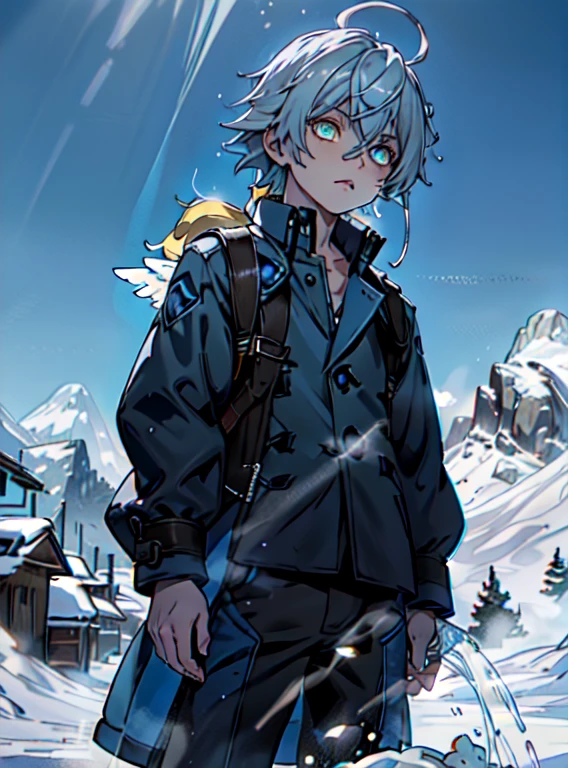 Best Quality、masutepiece、Ultra-detailed、face perfect、Extremely detailed、Extremely delicate、1 boy, (cute little), Angel, lightblue hair、half up、place々Blue Mesh、blue and yellow gradient eyes、Noble attire、Black coat、gray collared shirt、Black pants、snow mountains、snow blowing