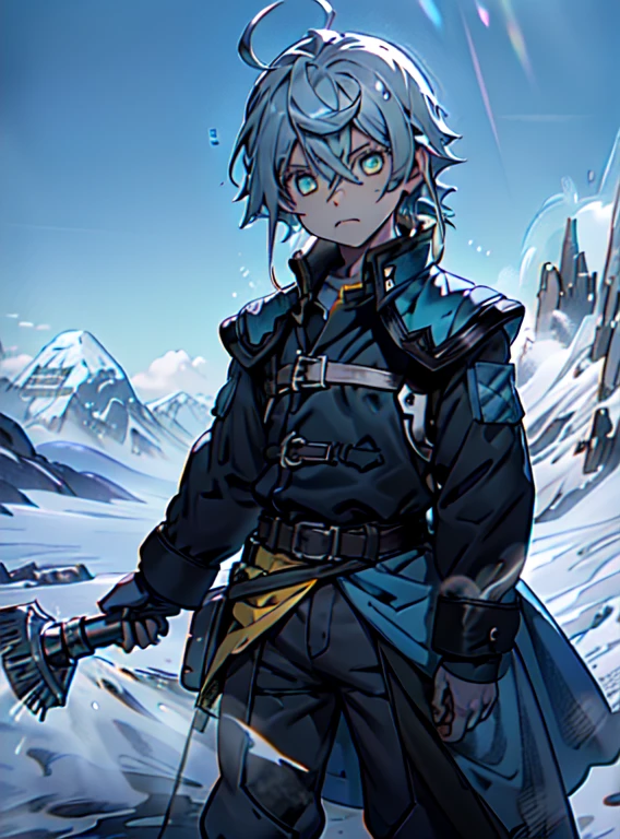 Best Quality、masutepiece、Ultra-detailed、face perfect、Extremely detailed、Extremely delicate、1 boy, (cute little), Angel, lightblue hair、half up、place々Blue Mesh、blue and yellow gradient eyes、Noble attire、Black coat、gray collared shirt、Black pants、snow mountains、snow blowing