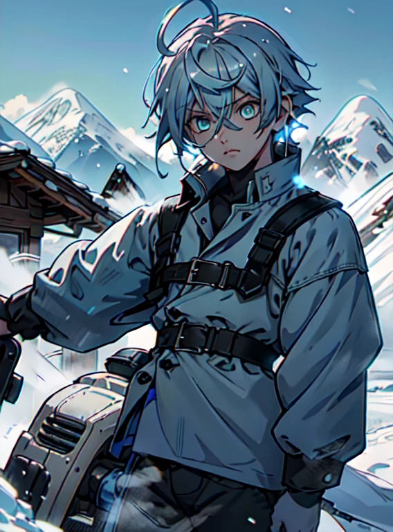 Best Quality、masutepiece、Ultra-detailed、face perfect、Extremely detailed、Extremely delicate、1 boy, (cute little), Angel, lightblue hair、half up、place々Blue Mesh、blue and yellow gradient eyes、Noble attire、Black coat、gray collared shirt、Black pants、snow mountains、snow blowing