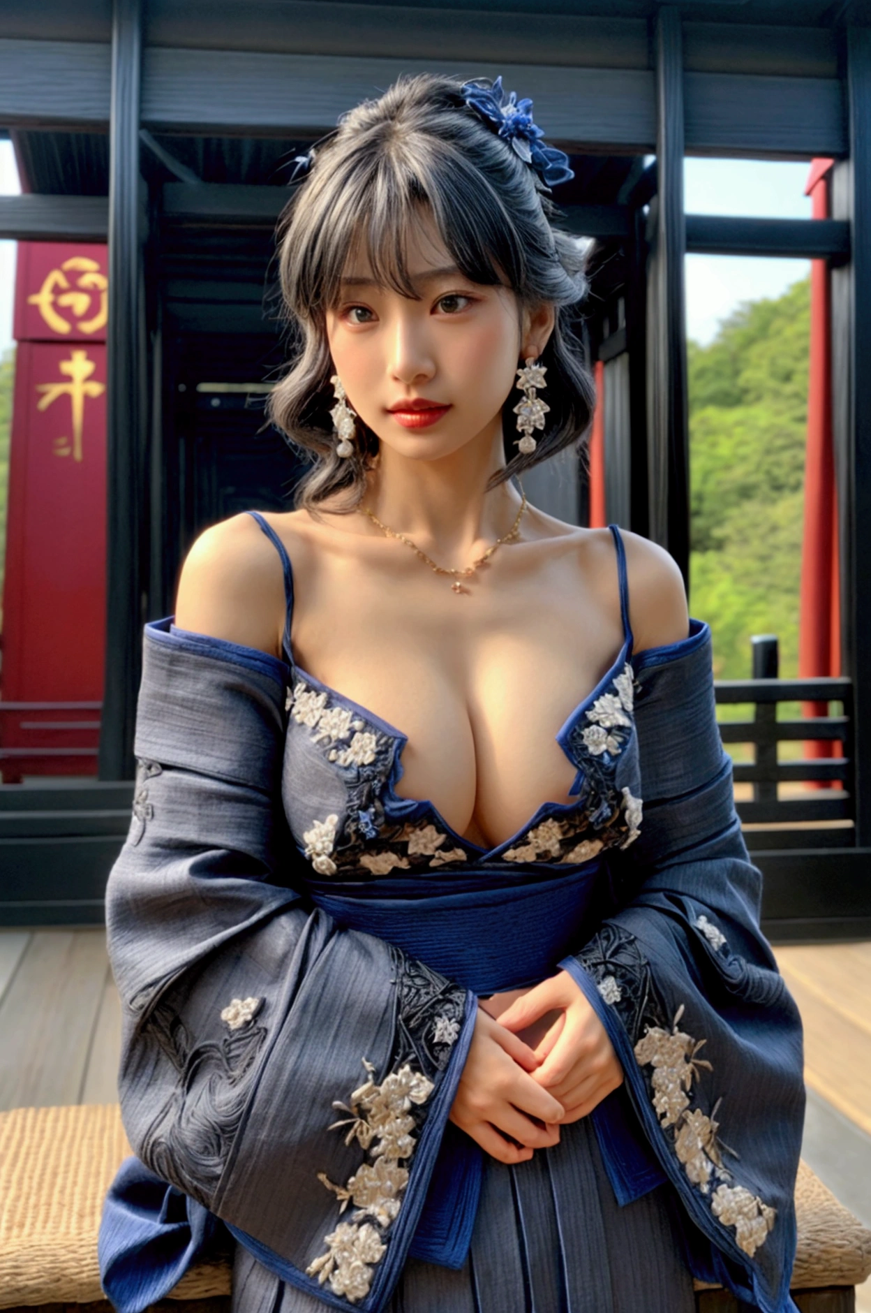 8k, RAW Photos, of the highest quality, Masterpieces、Raw photo、Portraits, high resolution RAW color photos, Professional Photos、Super Resolution, Realistic, Real Photos, super detailed, highly detailed and beautiful, Highly detailed, Amazing details、Cute beautiful woman with perfect body、Full body image, Amazing details、shinny skin、Glossy lips、High-definition face and skin texture、A detailed eye、double eyelid、Highly detailedな、((Dark gray hair color、Ahair、Curled Hair)), ((((ample breasts:1.4))))、(Beautiful abs)、(High Definition Breast、happy facial expression), ((married woman:1.2))、((Big necklace、large earring))、((Off-the-shoulder kimono、Blue and black kimono)), (((Kimono with frills:1.1)))、((embroideries:1.2))、((full body Esbian:1.3、Shooting from a distance:1.3))、((shrines:1.2、multiple red torii gates、Kagami mochi、January))、((sit in front of the torii:1.3))、((Bold look))