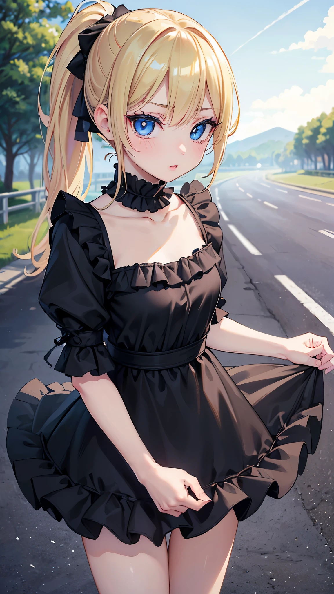 (masterpiece, 最high quality, 超High resolution, Very detailed), (Realistic:1.1, photoRealistic:1.4), Perfect illustration, Perfect lighting,Hair in perfect detail, Perfect and detailed face, Perfect collarbone, Perfect body,Small breasts, Perfect Thighs, Beautiful feet, View your viewers, 1 Girl,Perfect Face, (Perfect Anatomy, Anatomically correct), Symmetrical face、((Shiny Hair)),Sexy Body、(masterpiece),(最high quality:1.3),8k,Very clear,(Ultra-realistic),,Captivating woman,(high quality, High resolution, Fine details), Realisticなスタイルの女性,Small breasts、One perfect woman、Perfect Face、Symmetrical face、Baby Face、((Small breasts))、blush、((Juicy lips))、Cowboy Shot、((1Blonde ponytail))、((Big double blue eyes、Long eyelashes))、((Red makeup))、(((Black ruffled dress)))、(Outdoor、On the road)
