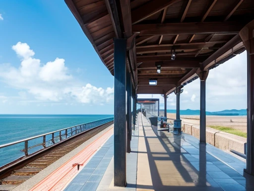 A rural station platform with a view of the sea、Asahi、blue sky、Expansive ocean、View the sea、From behind、