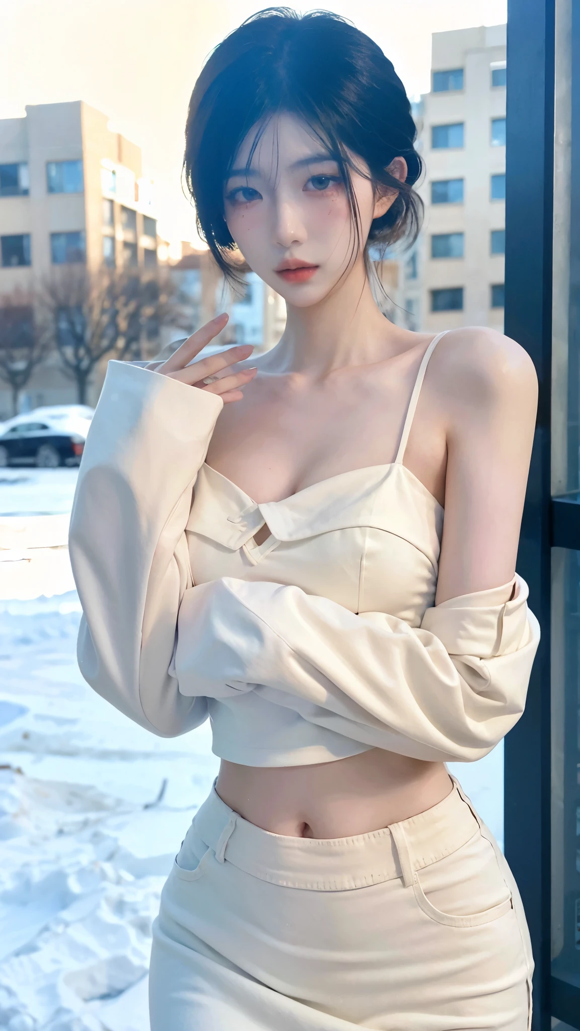 Beautiful woman with perfect figure:1.4,snow,Touching butt with both hands,snow background,Layered Hairstyle,White skin,Prominent cleavage,Pleated Skirt,whole body,Very delicate face and skin texture,Double eyelids,Skin Whitening,Long white hair